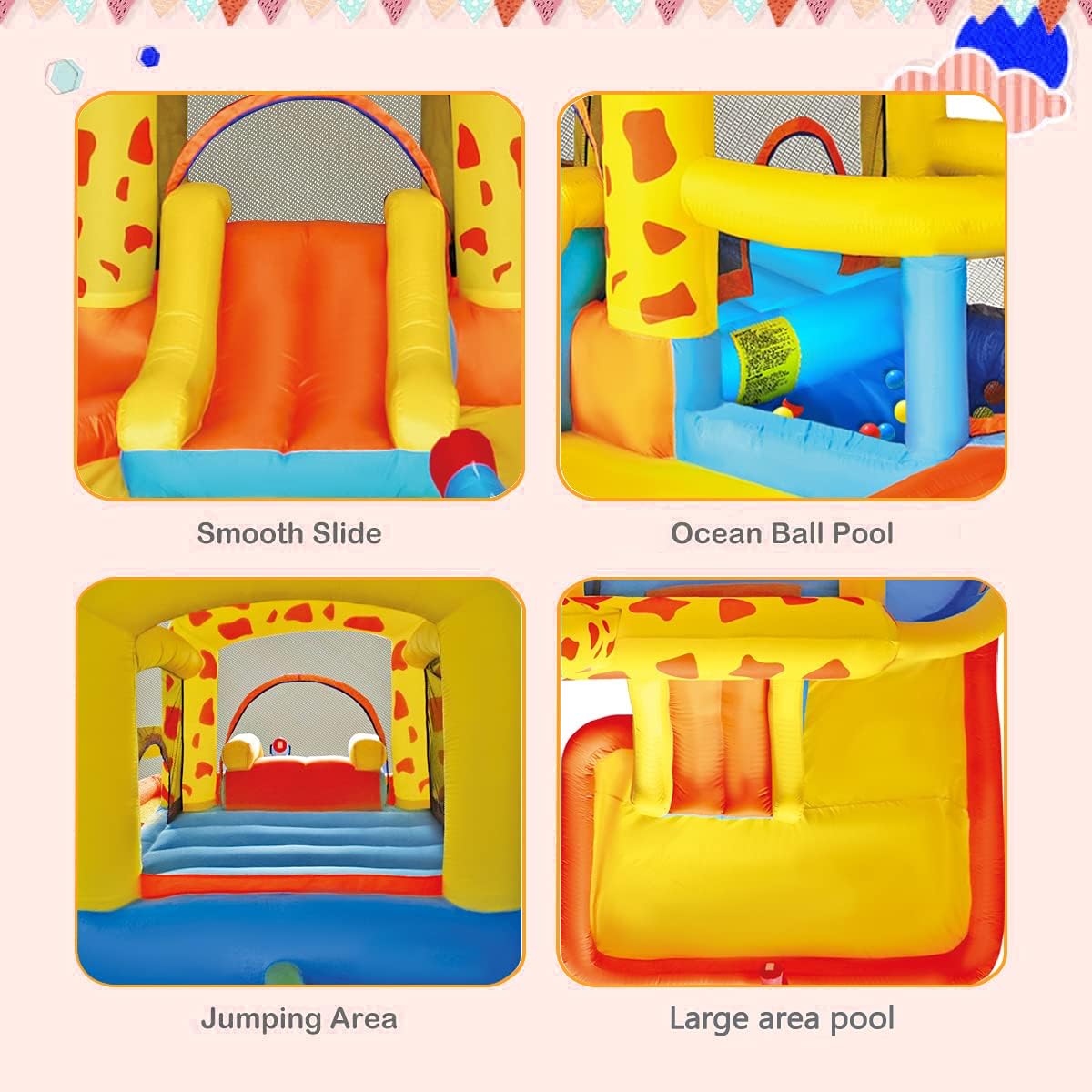 Amazing 🔥 TiliKuly Kid Inflatable Bounce House with 450w Blower Water Slides Inflatable Bounce House for Kids Toddlers Ball Pit Inflatable Water Pool Park Slide Jumping Bouncy House Giraffe Yard Outdoor Bouncer