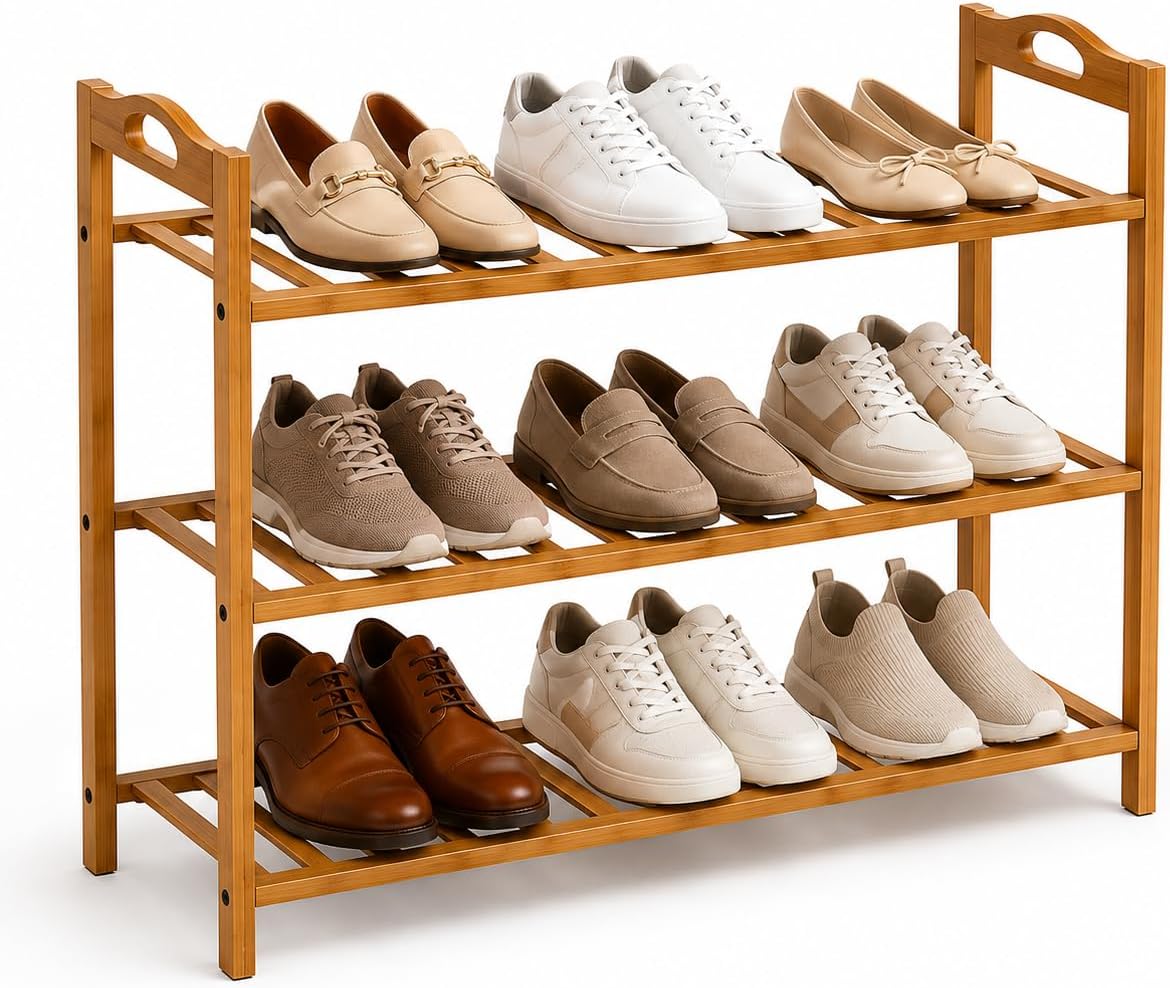 Basicwise Bamboo Storage Shoe Rack, Free Standing Shoe Organizer Storage Rack (3 Tier)