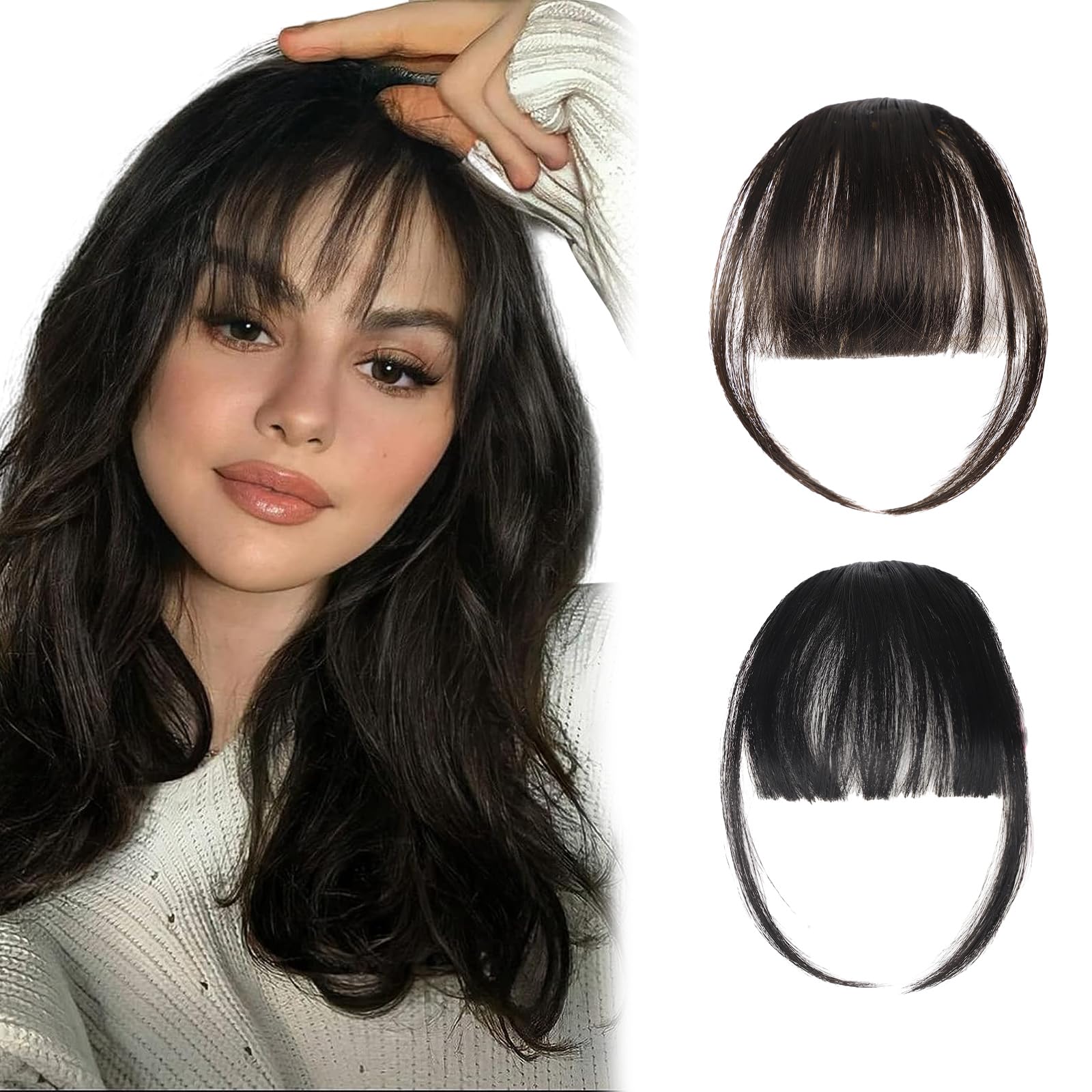 2 pieces Clip in Bangs, Air Bangs, Thick Bangs Extensions Neat with Temples Clip on Air Bangs Hairpieces Fringe with Temples Hairpieces for Women Curved Bangs for Daily Wear(Brown, Black)
