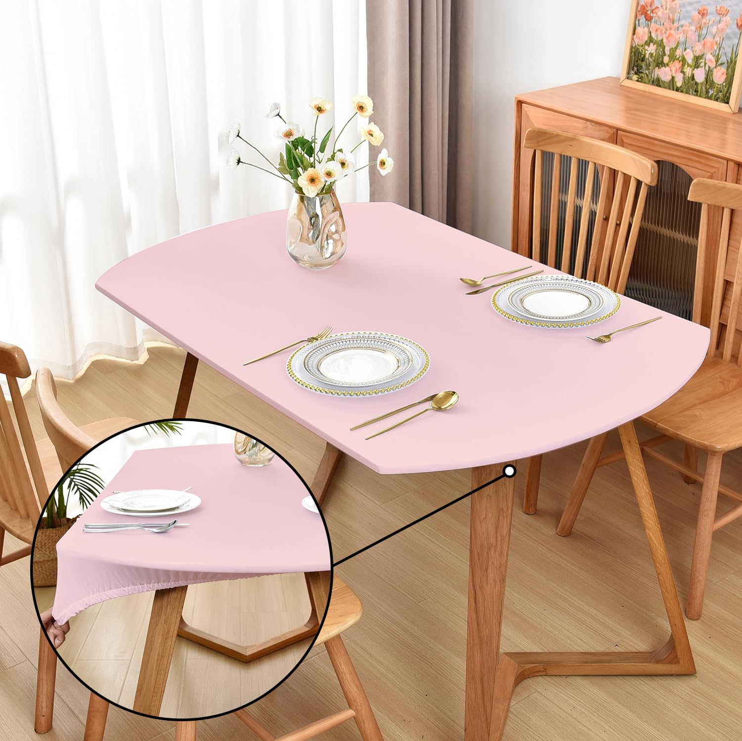 Amonsa Oval Fitted Tablecloth with Elastic Edge:Not Vinyl Tight Stretchy Fabric Table Cover Washable Anti-Wrinkle Table Cloth for Outdoor Party Table Protector Pink 48×68 Inch — image 1