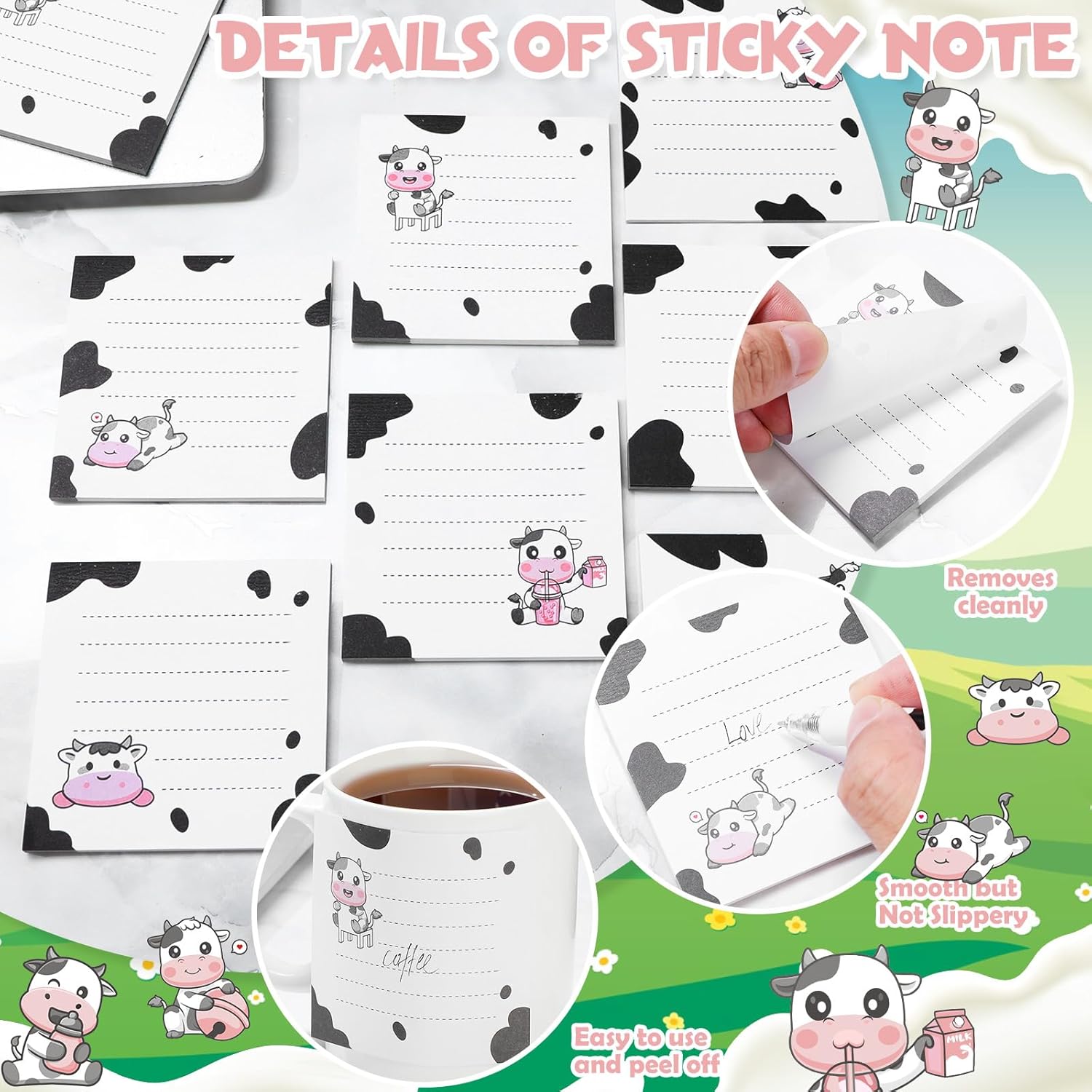 Gilprop 48 Pcs Cow Print Stuff Cow Lover Gift Includes 24 Pcs Cute Pens Bulk and 24 Pads 720 Sheets Sticky Notes 6 Styles Kawaii Gifts for Office Supplies