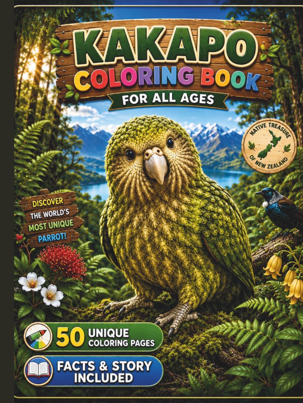 Kakapo Coloring Book for All Ages: 50 Beautiful and Unique Kakapo Designs Featuring New Zealand Forest Habitats, Wildlife Adventures, Nature Scenes, ... Coloring Pages for Kids, Teens, and Adults