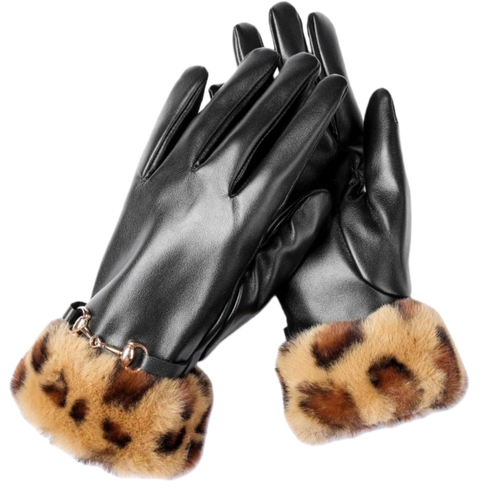 Yisenjee Women's Camel Leopard Print Leather Gloves Winter Pu Leather Leopard Print With Fur Edge And Metal Horseshoe Buckle, Fleece Lined For Warmth While Driving