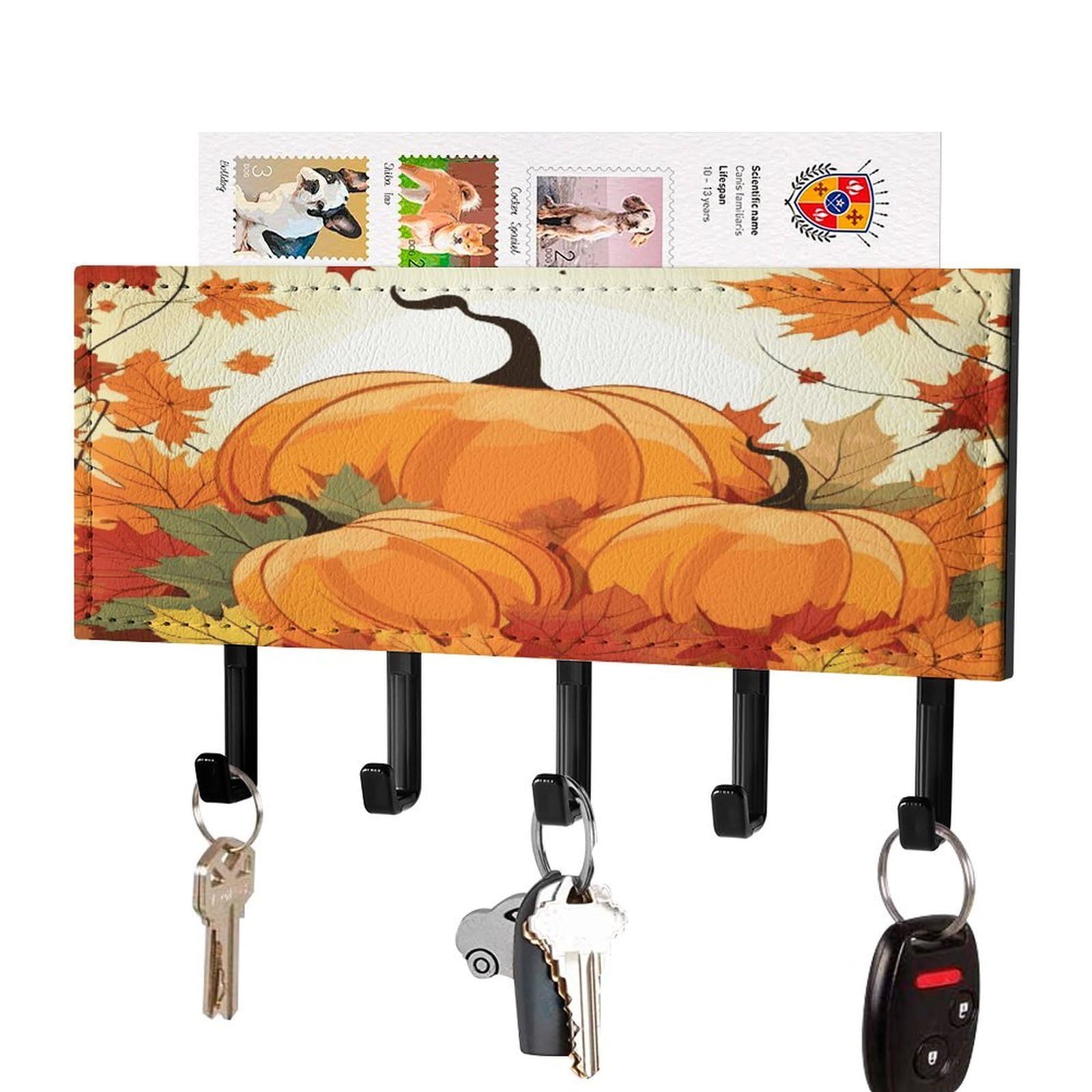 FekiLoot Autumn Pumpkin Maple Leaves Key Holder Wall Mount Key Hooks for Wall Decorative with 5 Hooks PU Mail Rack Organizer with Shelf for Entryway Mudroom Hallway Office 7.1X4.3 in