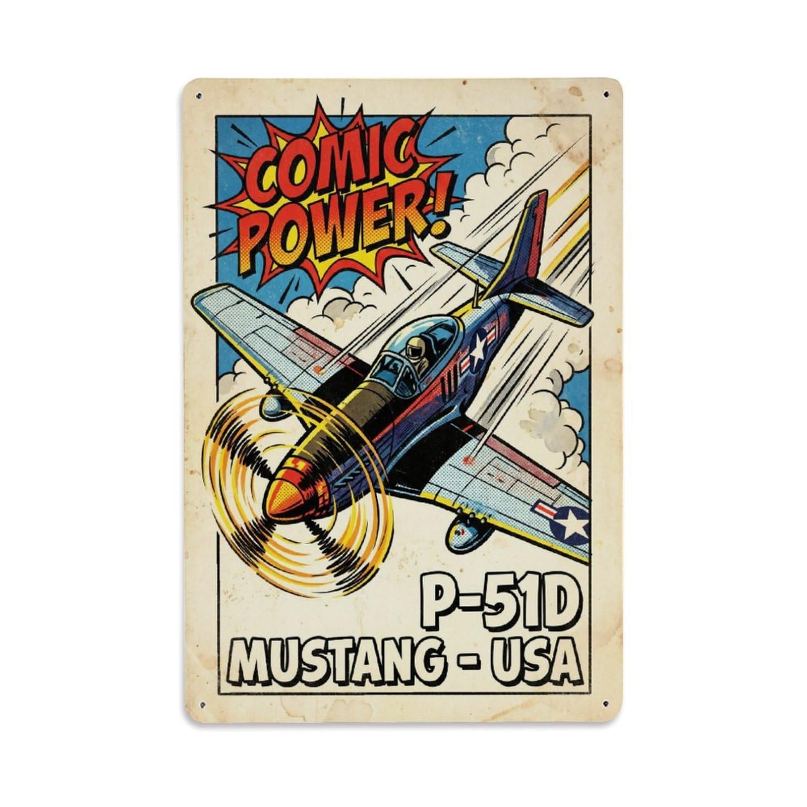 Retro Comic P-51D Mustang WWII Fighter Aircraft Metal Tin Sign Plaque Wall Decor for Cafe, Man Cave, Club Bar, Office, Home Garden Round Metal Poster 8x12Inch