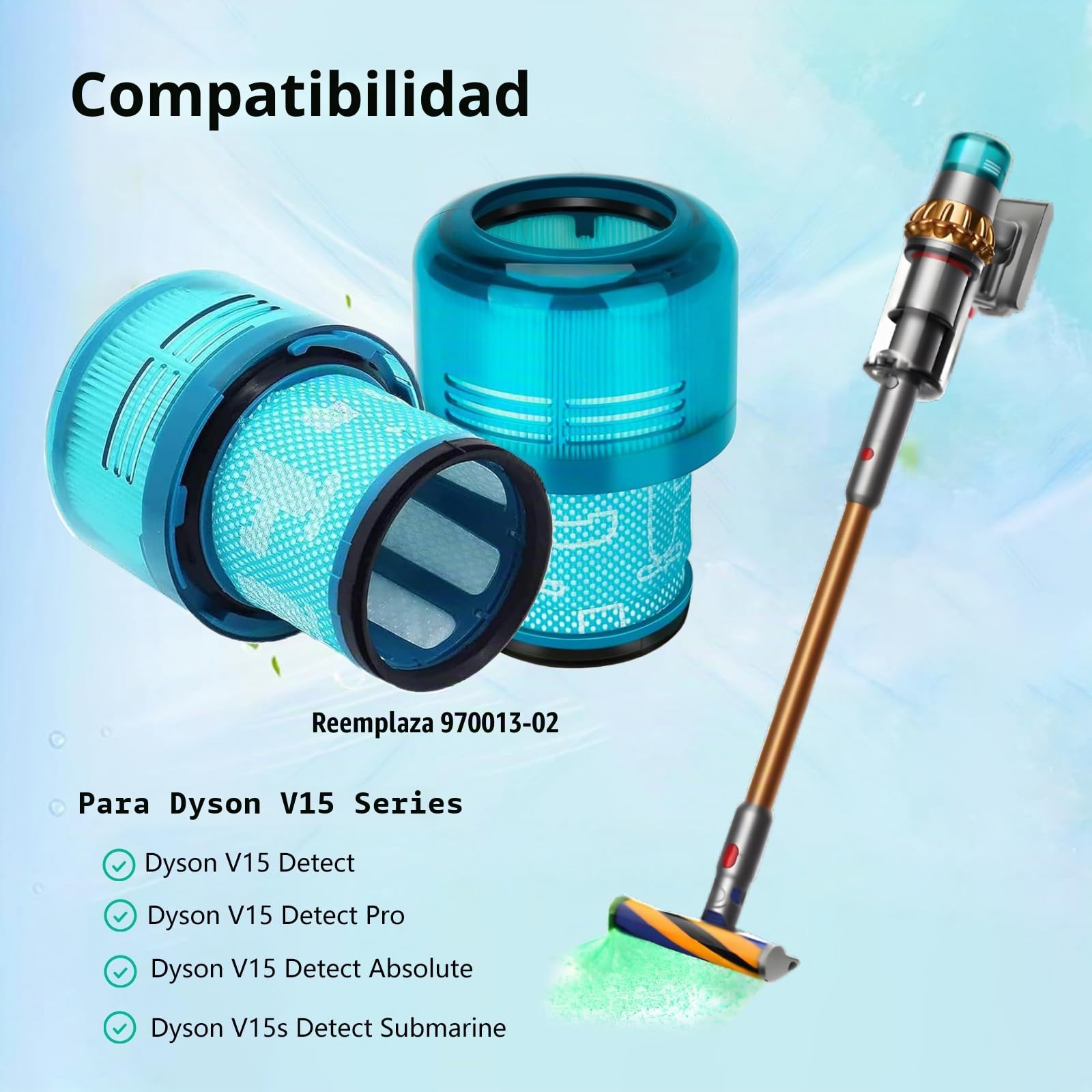 4 piezas para compatible filtros Dyson V15, filtro HEPA para aspiradora compatible Dyson V15 Detect Slim Series, V15 Accesorios Set con 2 filtros de repuesto, 1 cepillo de rodillo, 1 cepillo