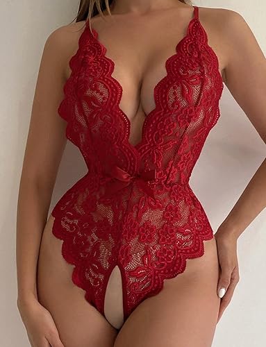 Miniatura 3 de SOLY HUX Women's Floral Lace Scalloped Trim Criss Cross Back Lingerie Teddy Bodysuit