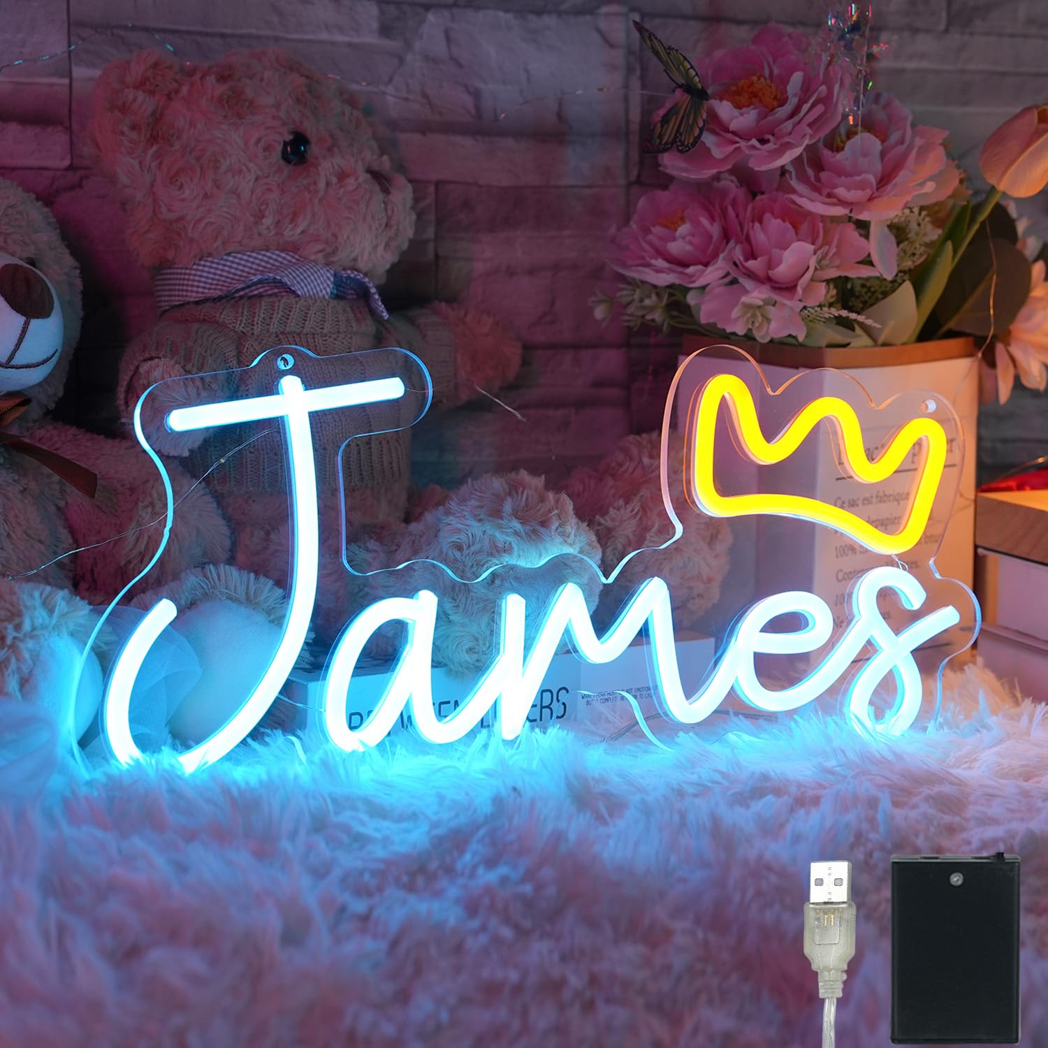 iDecomart Rose Name Neon Sign - Pink Dimmable LED Wall Light, USB/Battery Powered Neon Lights, 16 Inch Girls Bedroom Decor & Birthday Party Gift