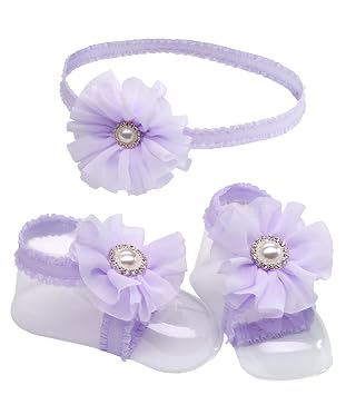 Cherished Moments "Petals" Lavender Barefoot Baby Sandal and Headband Set with Flower Accent and Gift Boxed for Baby Girl Gift