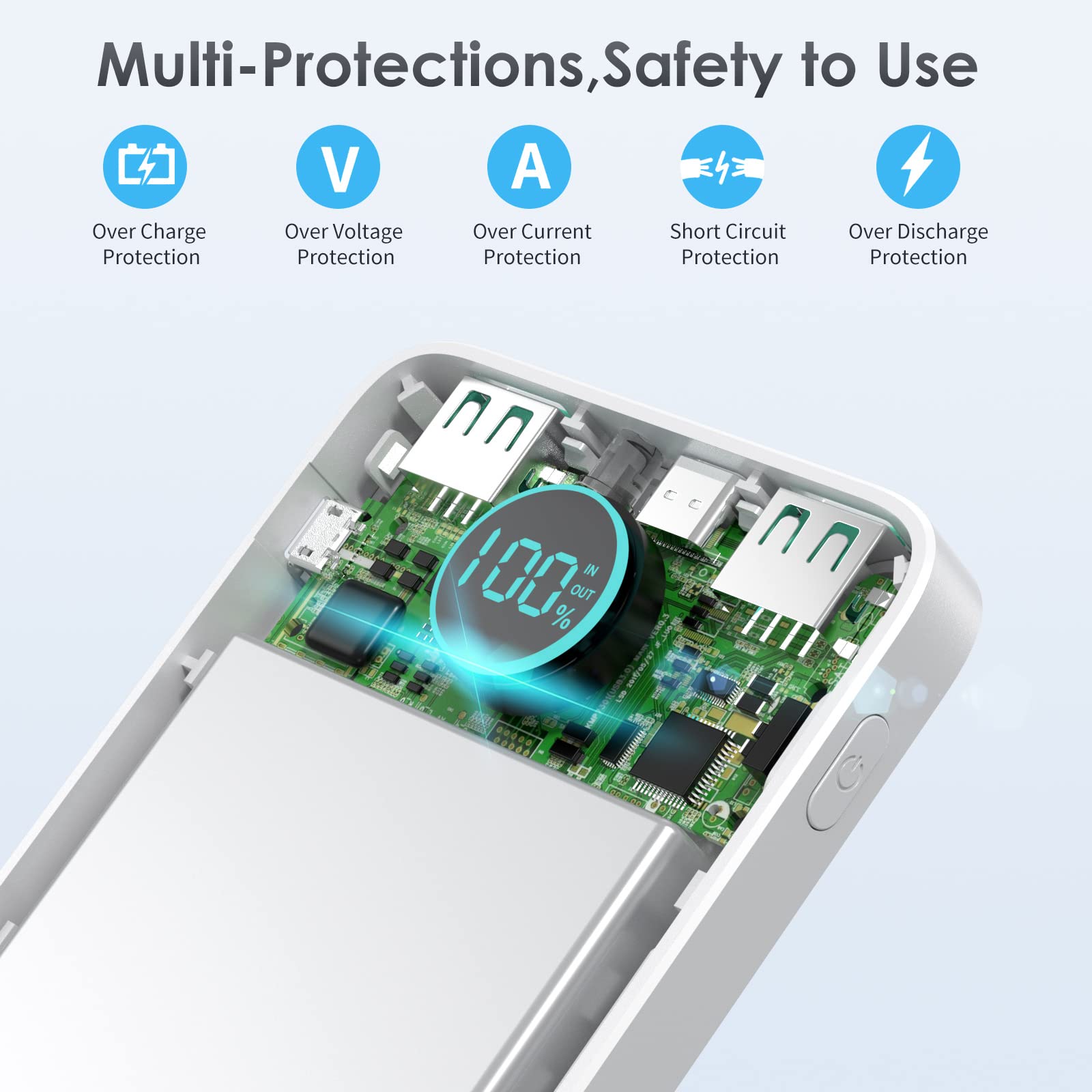 AXNEB Power Bank 13800mAh,Ultra Sottile & Leggero Caricatore Portatile con Display LCD,3A PD USB C Ingressi&Uscite Powerbank con Torcia LED Batteria Esterna per iPhone Samsung Huawei-Bianco perla