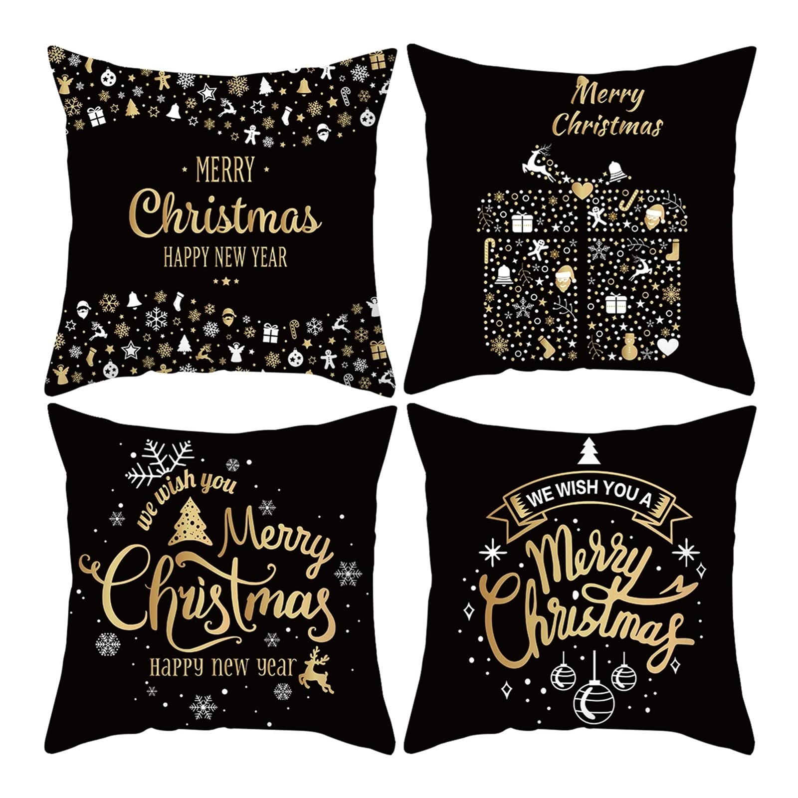 AmDxD Juego de 4 fundas de cojín navideñas de 50 x 50 cm, de poliéster, para salón, dormitorio, negro, dorado y blanco