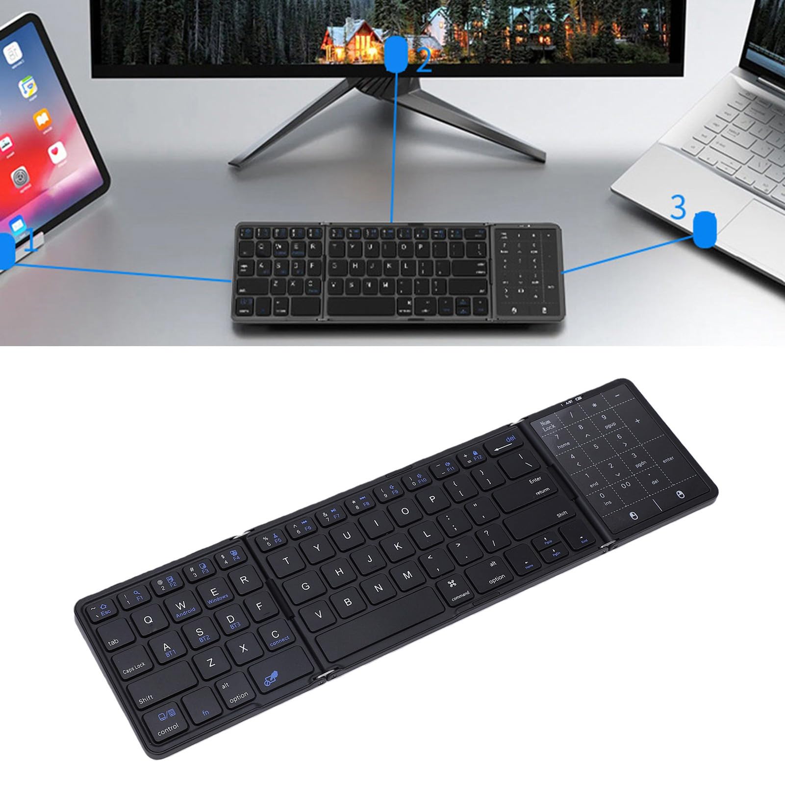 Tastiera Bluetooth Pieghevole con Touchpad Ricaricabile 3 Dispositivi Gesti Multi-touch Batteria 60H per Laptop PC Tablet Smartphone (#1)
