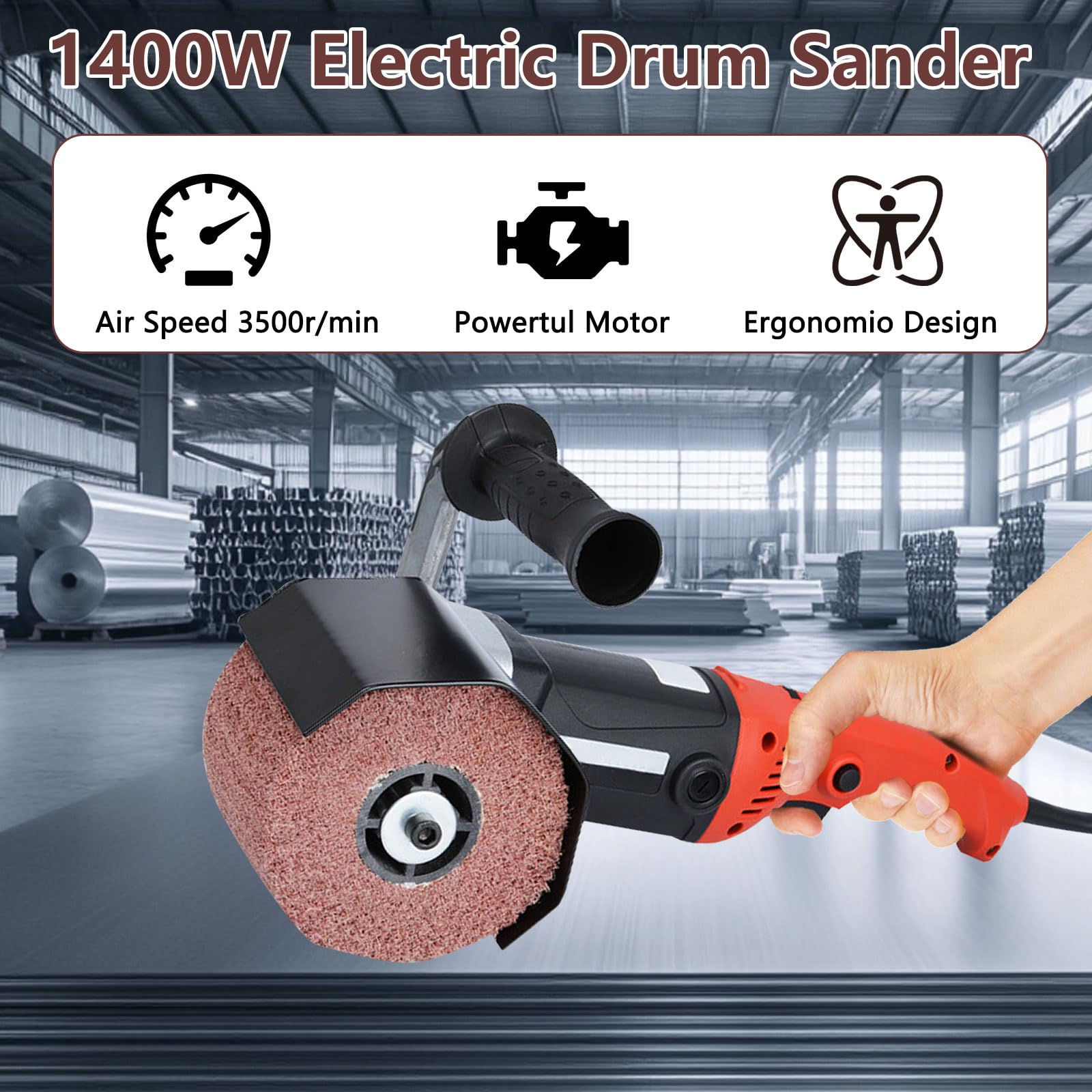 Satiniermaschine mit 2 Ziehrädern, 1400W 3500rpm Elektrische Trommelschleifmaschine, 6 variable Geschwindigkeiten, Handgeführte Elektrische Drahtziehmaschine für Metall und Edelstahl