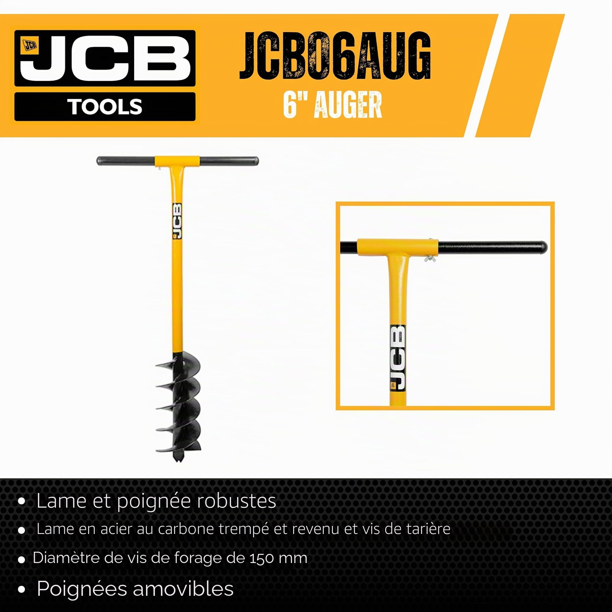 JCB - Tarière professionnelle pour poteaux de clôture – Outils professionnels de chantier et de jardinage – pour trous de poteaux de clôture, clôtures de jardin, amélioration de la maison, garantie à