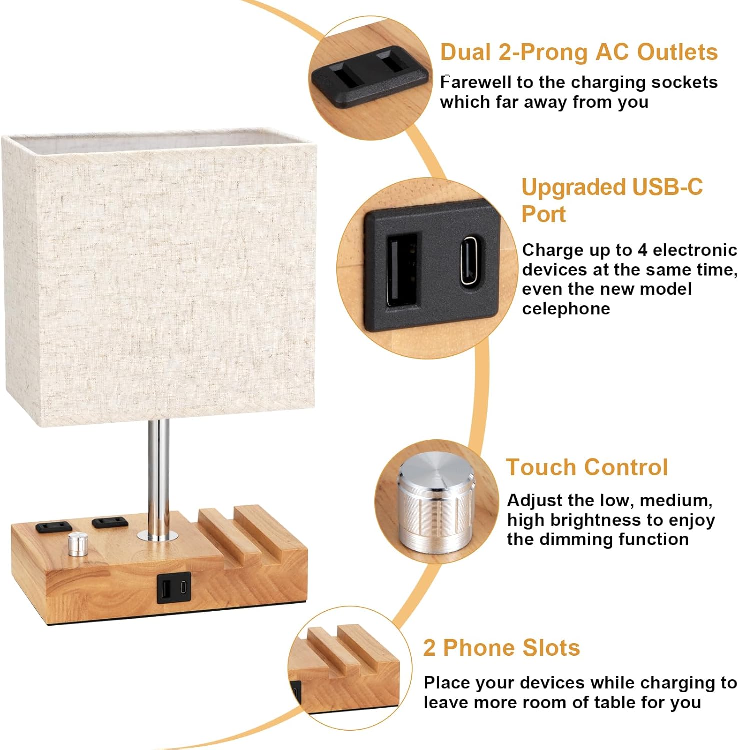 Kakanuo Fully Dimmable Nightstand Lamp for Bedroom with USB C Ports, Small Bedside Table Lamp with Charging Outlets and Phone Stands, Wooden Desk Lamp for Living Room, LED Bulb Included