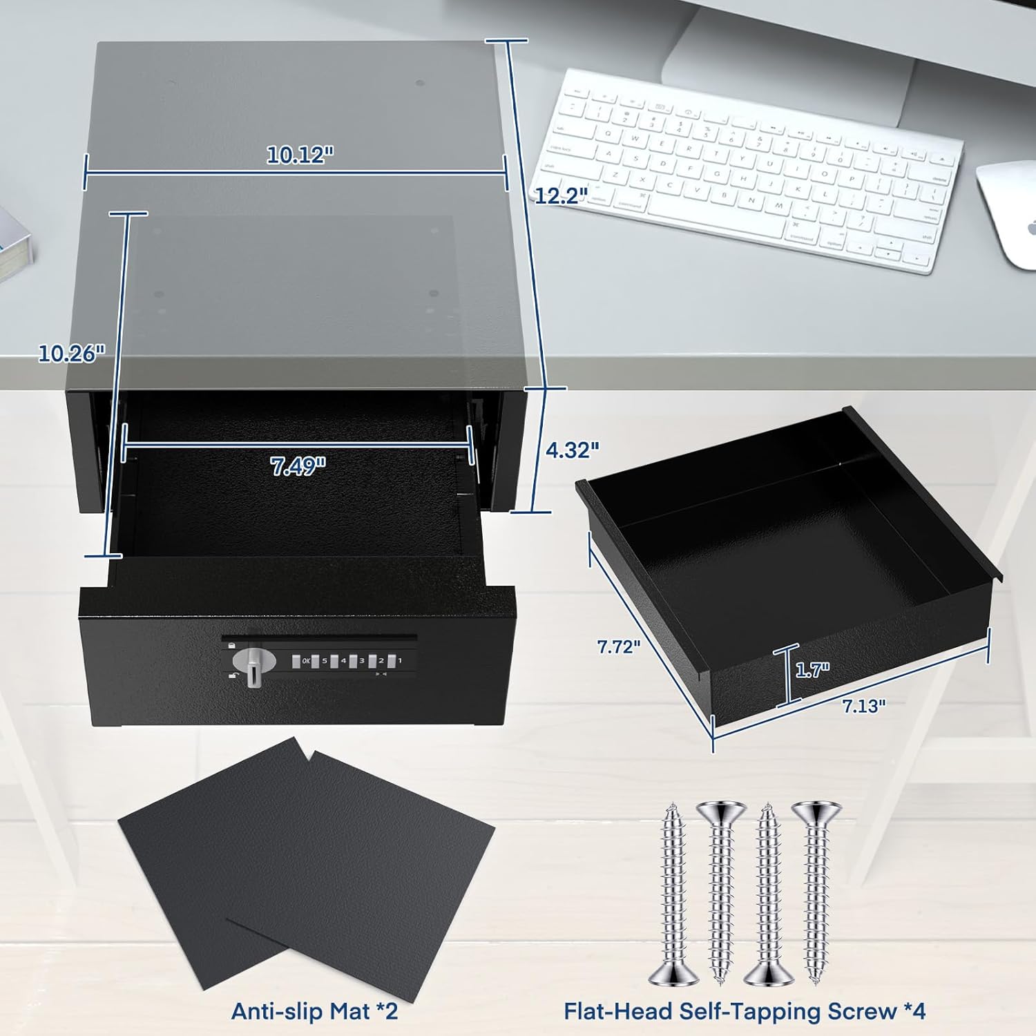 POCHAR Under Desk Gun Safe with Electronic Keypad & Key Lock - Steel Slide-Out Handgun Safe Storage Drawer for Home, Office, Garage, Car - Quick Access Hidden Gun Vault for Pistol & Valuables