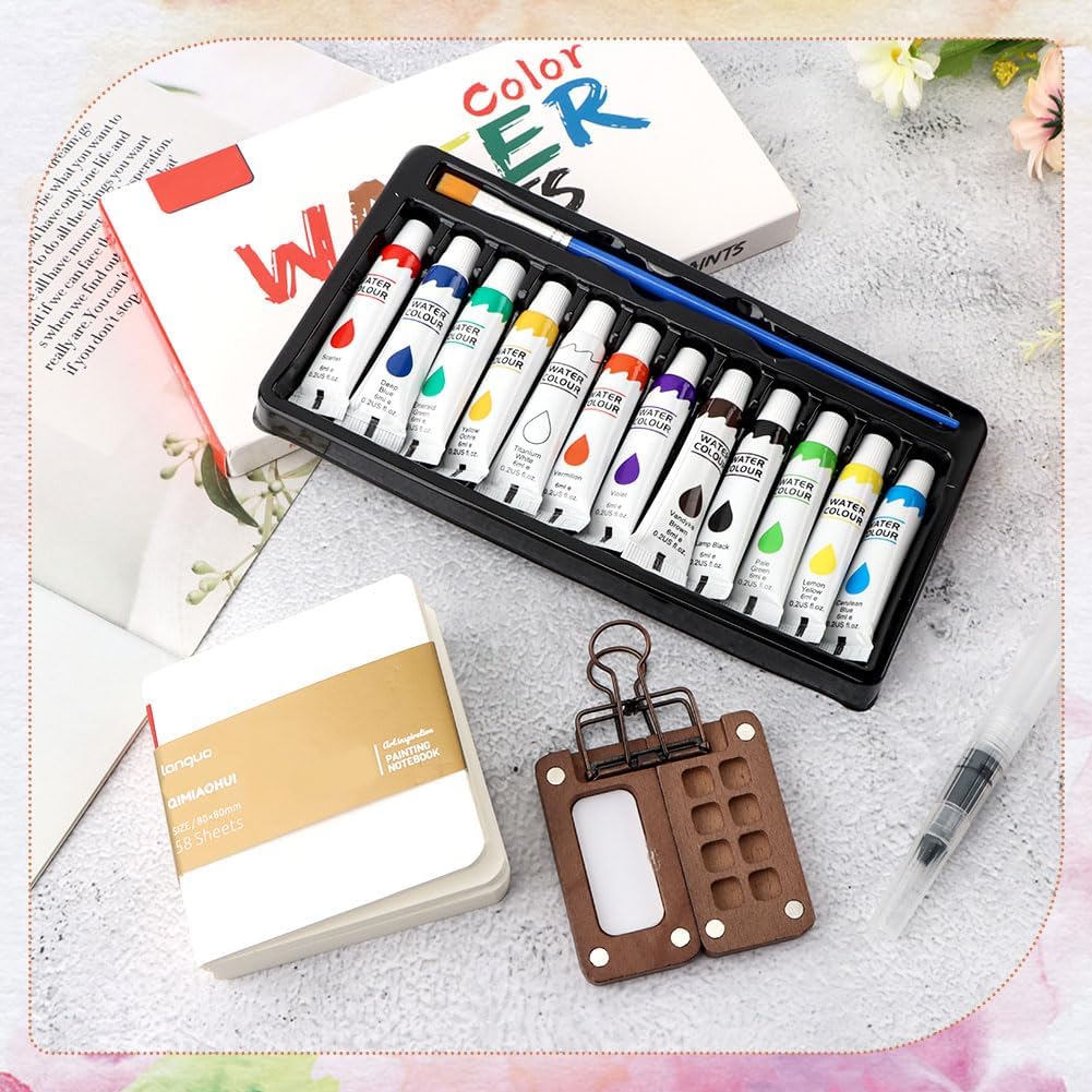 Portable Watercolor Travel Set - Mini Artist Paint Palette with Clip, 12 Vibrant Colors in 8 Grids, Perfect for Artists, Painters & Students - Wooden Travel Kit