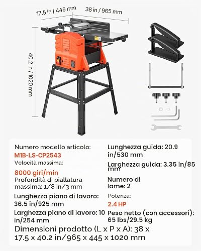 VEVOR Raboteuse Dégauchisseuse 2,4 hp Dégauchisseuse d'Établi 25,4x92,5 cm pour Bricolage Menuiserie, 8000 tr/min, avec Support, Tête de Coupe Droite à 2 Lames, Profondeur de Coupe Réglable 0-3 mm - 7