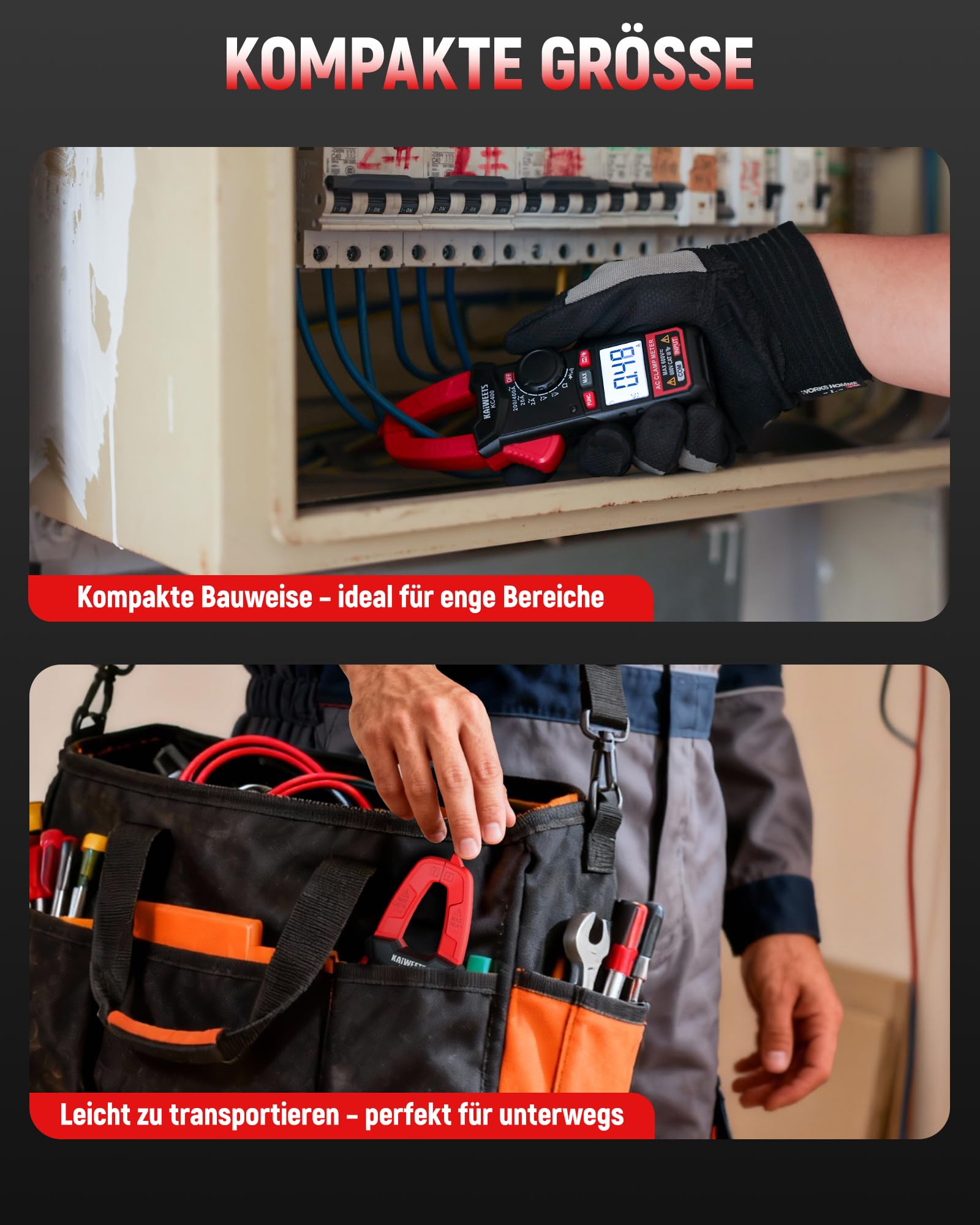 KAIWEETS Digital Stromzange, Tragbares Strommesszange 400A AC, 600V AC/DC, 2000 Counts, Auto Range Spannungsprüfer, Messgerät für Strom, Spannung, Widerstand, Durchgang & Diode, KC400