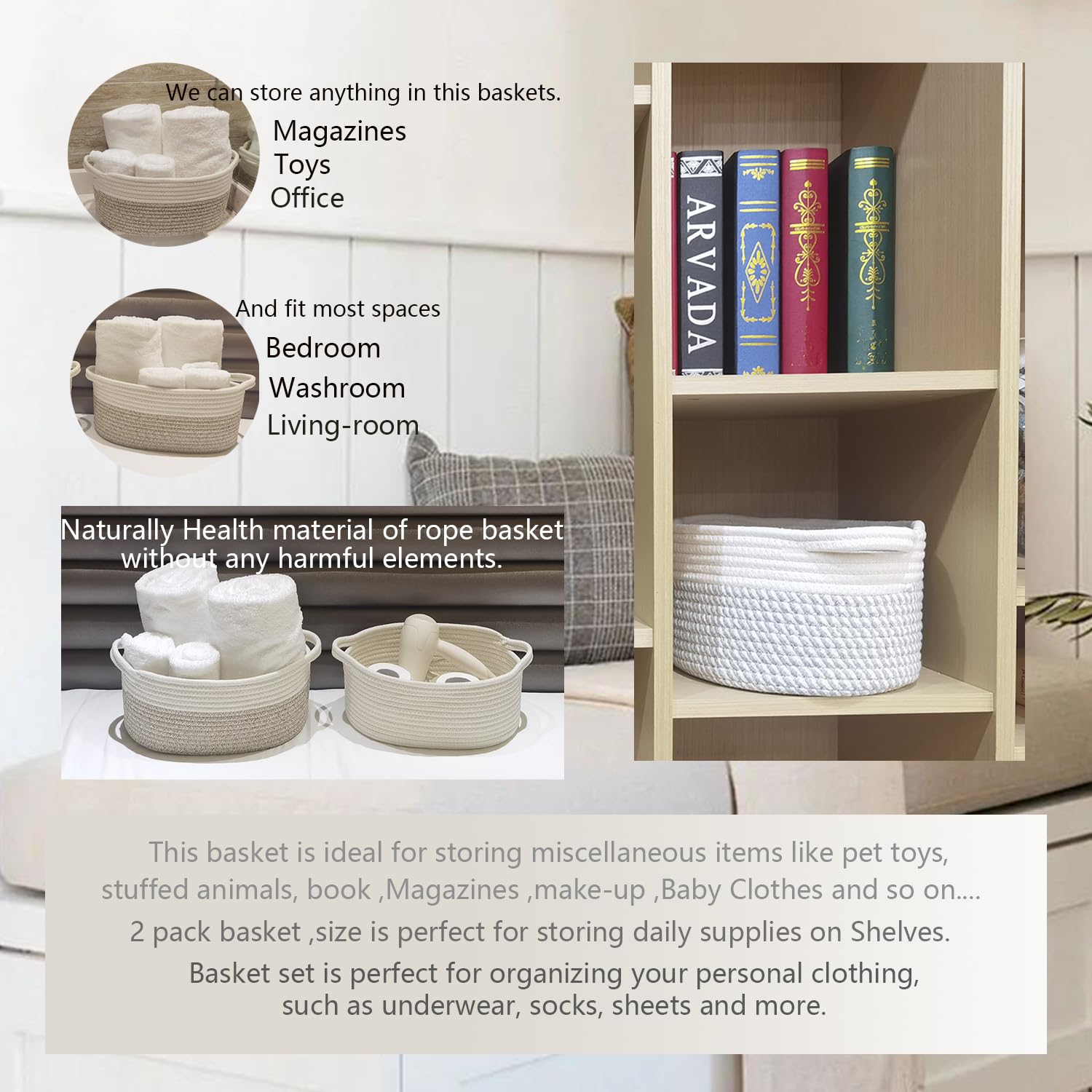 DAVIHOMI 2PACK Medium Oval Decorative Storage Basket Set for Organizing|Nursery, Bedroom, Gift (White Grey)