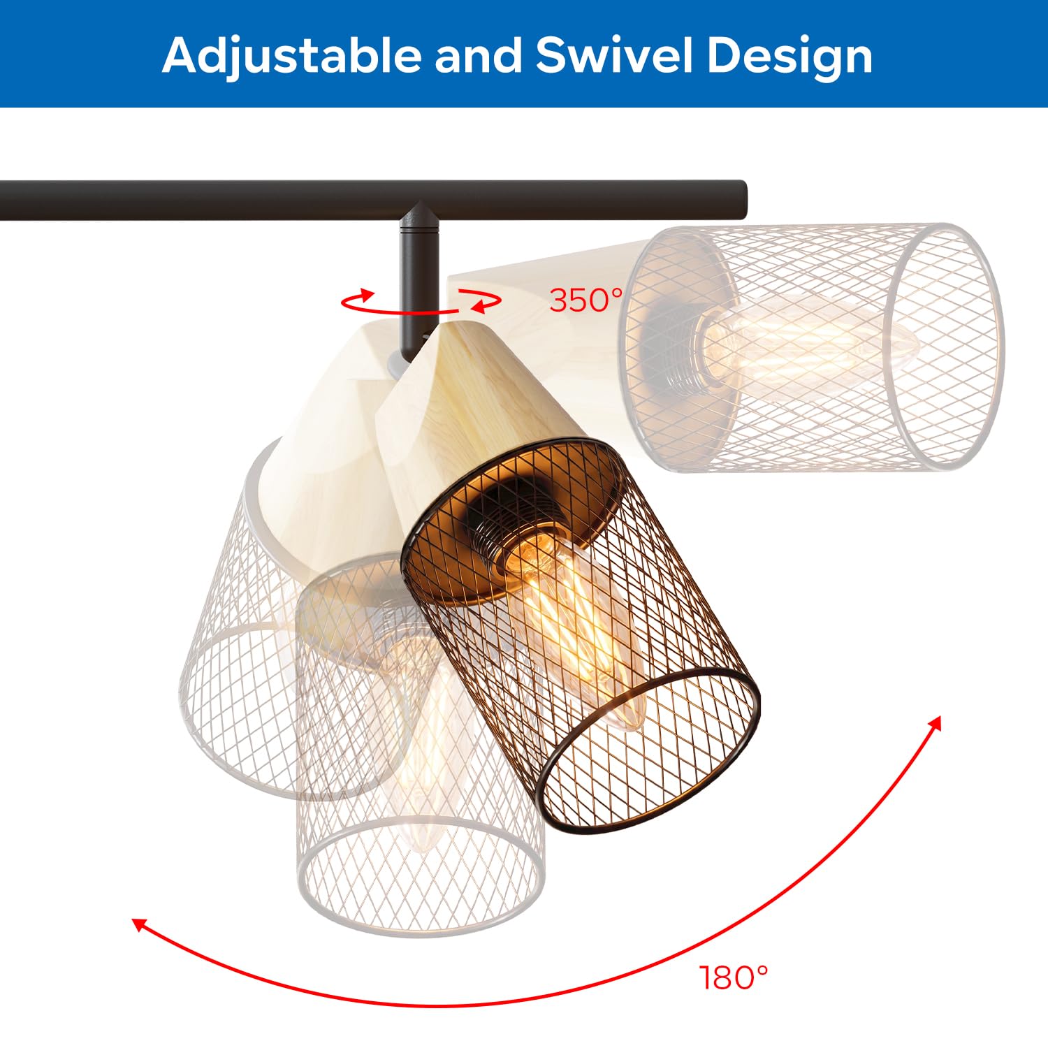 ANWIO Faretti Soffitto Orientabili, Faretti Legno Soffitto 4 Luci, Plafoniera da Parete E14 Nero, Faretto LED Interno Illuminazione per Barra, Salotto, Cameretta, Cucina, Corridoio (Senza Lampadina)
