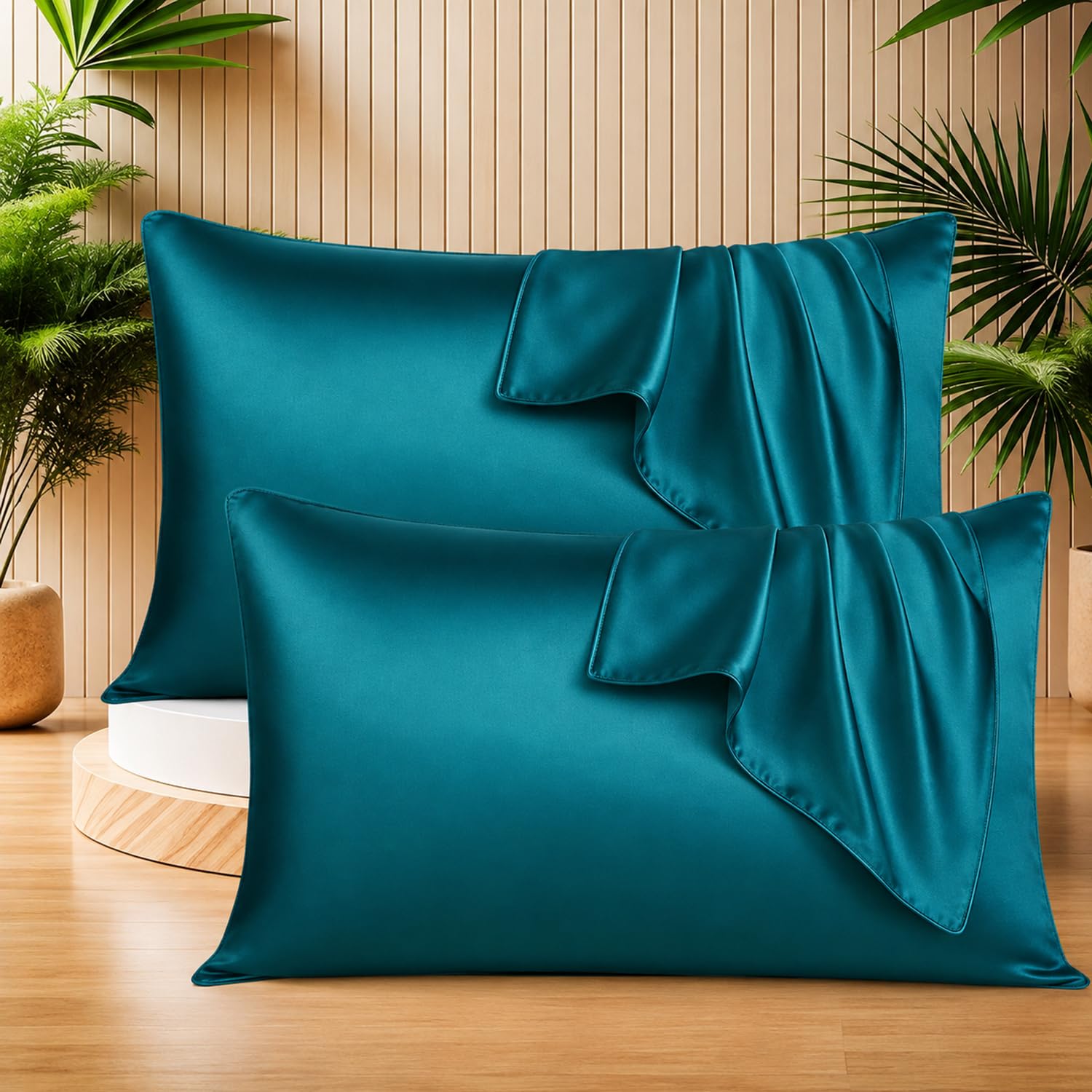 SITTELLA Satin Pillow Covers for Hair | Set of 4 + 2 Free Satin Scrunchies | Silk Pillow Case | Soft Pillow Satin Cover with Hidden Zipper | Pillow Cover | Teal