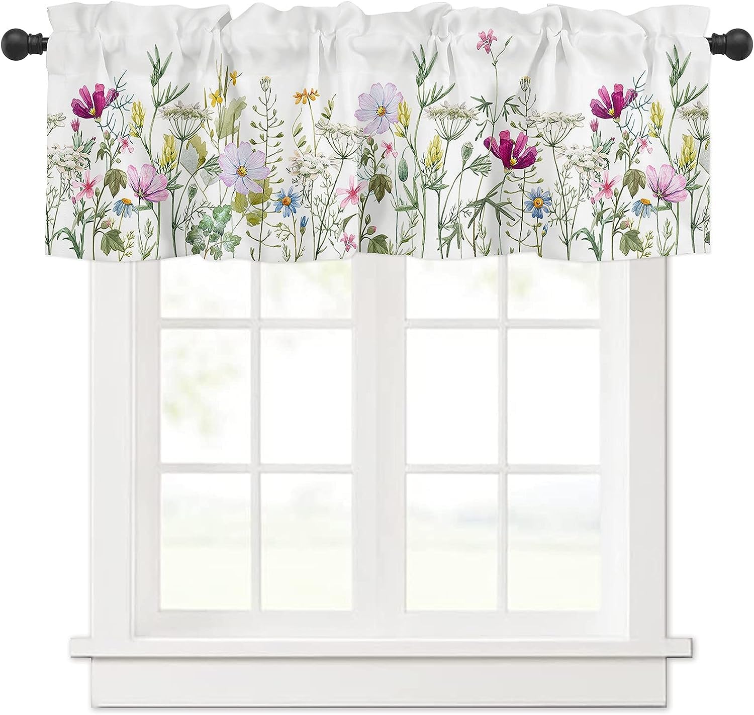 Spring Flower Curtains Valances for Bedroom Living Room, Vintage Farm Watercolor Flower Curtains & Drapes Rod Pocket, Floral Leaf Plant Valance for