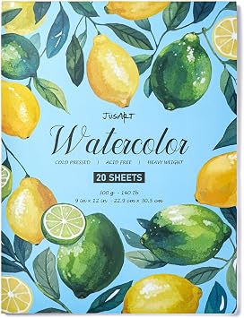 Jusart Watercolor Paper Pad 9"x12", 300gsm/140lb, Cold Press Water Color Paper, Acid-Free, for Wet & Dry Media, Watercolor, Gouache & Sketching, 20 Sheets, Perfect for Students and Artists