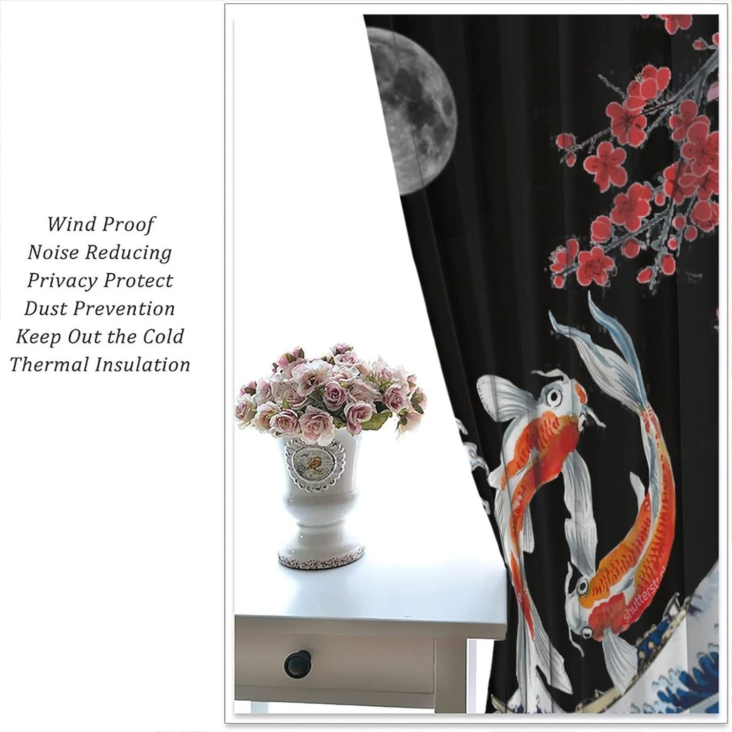 Koi Fish Curtains,Fantasy Yin Yang Japanese Big Wave Koi Cherry Blossom Room Window Curtains,84x84in Decor
