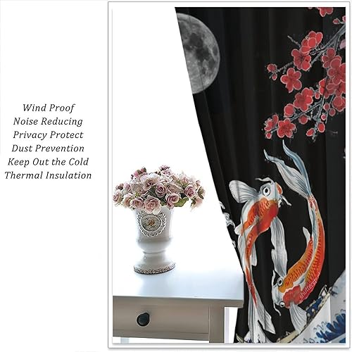 Miniatura 6 de Koi - Cortinas de pez de fantasía, Yin Yang, cortinas japonesas de ondas grandes y flores de cerezo Koi, decoración de 84 x 84 pulgadas
