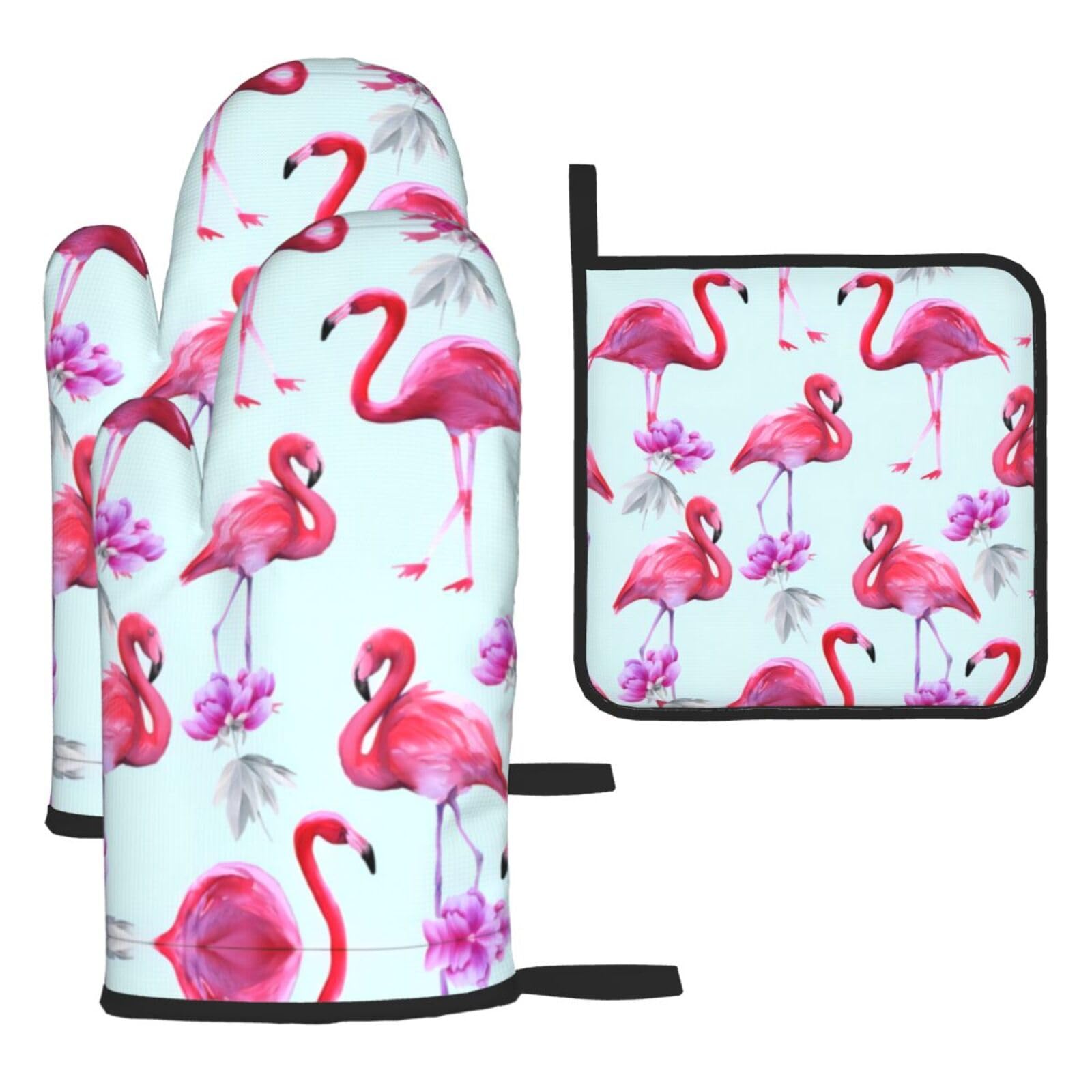 Pink Flamingos (3) Printed Oven Mitt Set 3-Piece | Heat Resistant Gloves & Pot Holder Mat for Cooking, Baking & BBQ