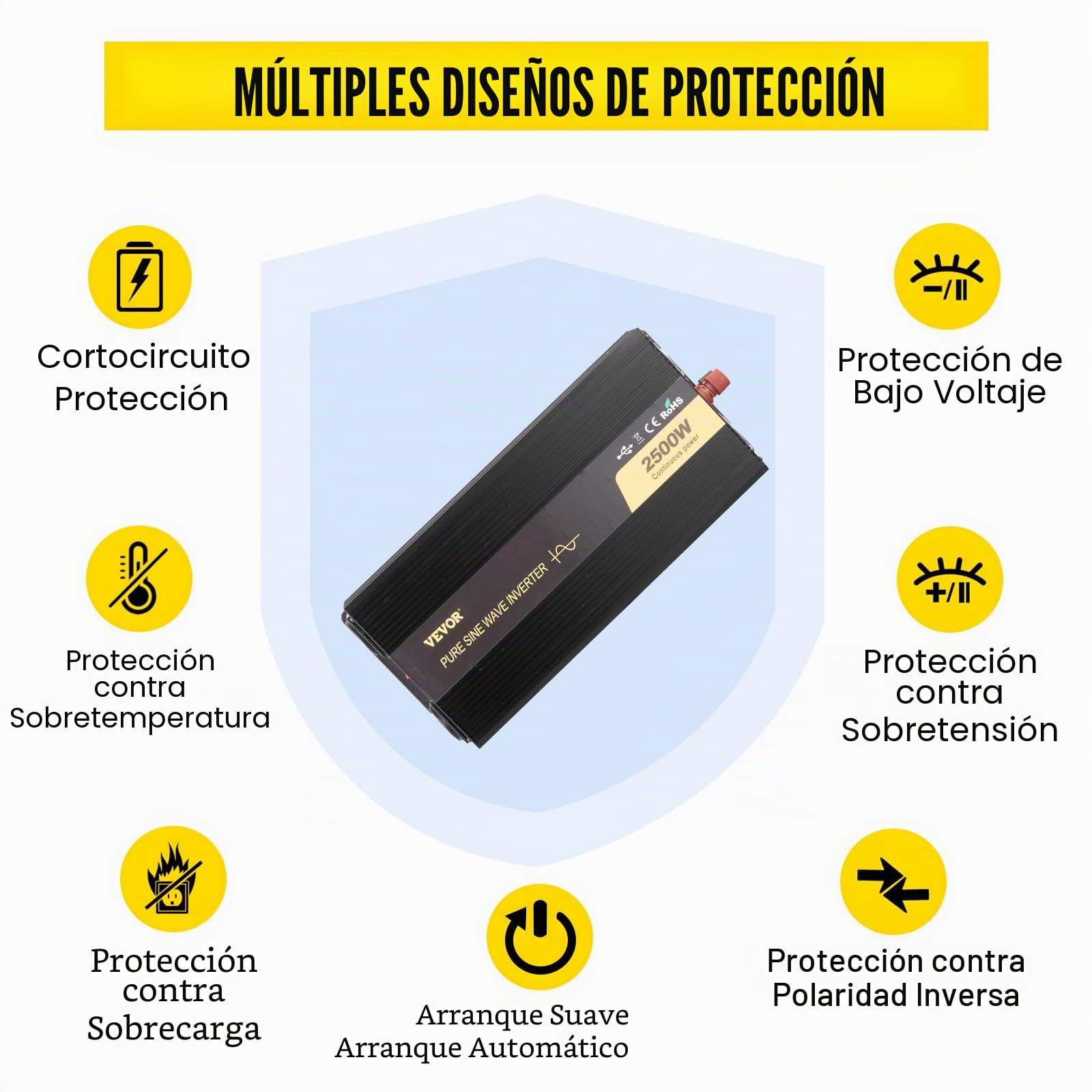 VEVOR - Convertidor sinusoidal Puro CC 12V a CA 230V, convertidor sinusoidal Puro 2500W, inversor de Onda sinusoidal con Pantalla LCD, Voltaje Puro, Protecciones de Seguridad con Mando a Distancia y