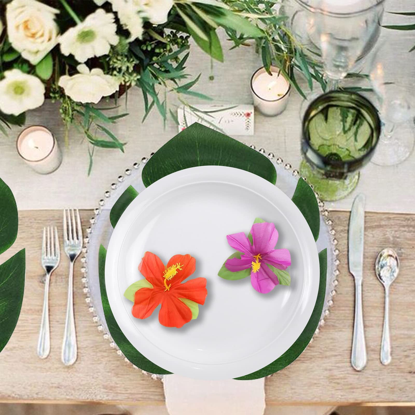 185 Pezzi Gonna Tavolo Hawaiana Tropical Tovaglia da Tavolo Set Luau Decorazioni con Foglie di Palma Fiori hawaiani Cake Topper ombrelli cannucce per Decorazioni da Tavola Hawaiane Luau Party