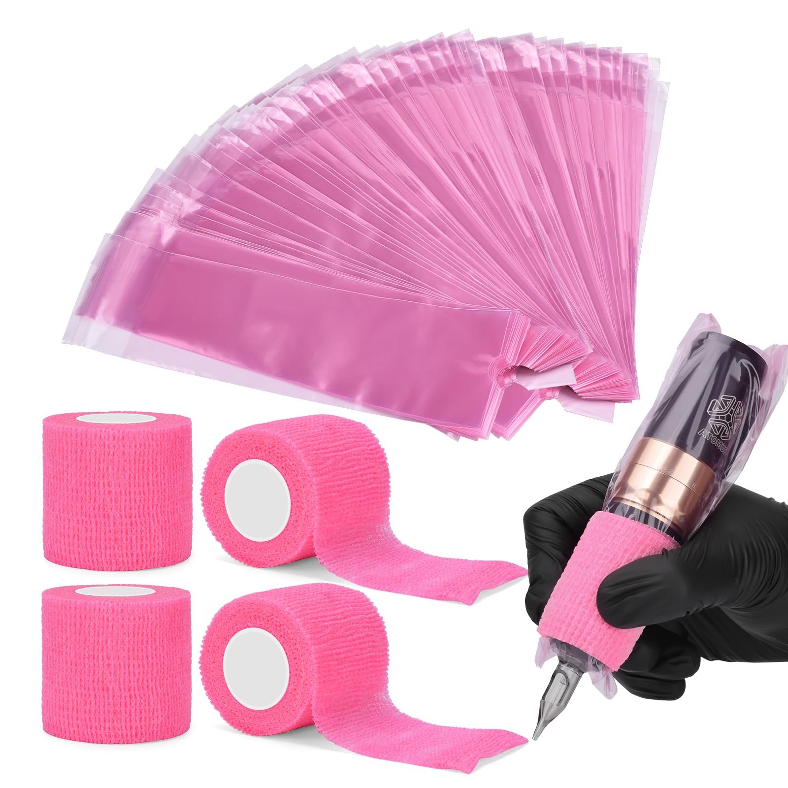 200PCS Tattoo Pen Covers z taśmą samoprzylepną 4PCS Tattoo Grip Wrap Bandaże Maszyna do tatuażu Torby Akcesoria do tatuażu (różowy, 200 sztuk toreb + 4 sztuk taśmy)