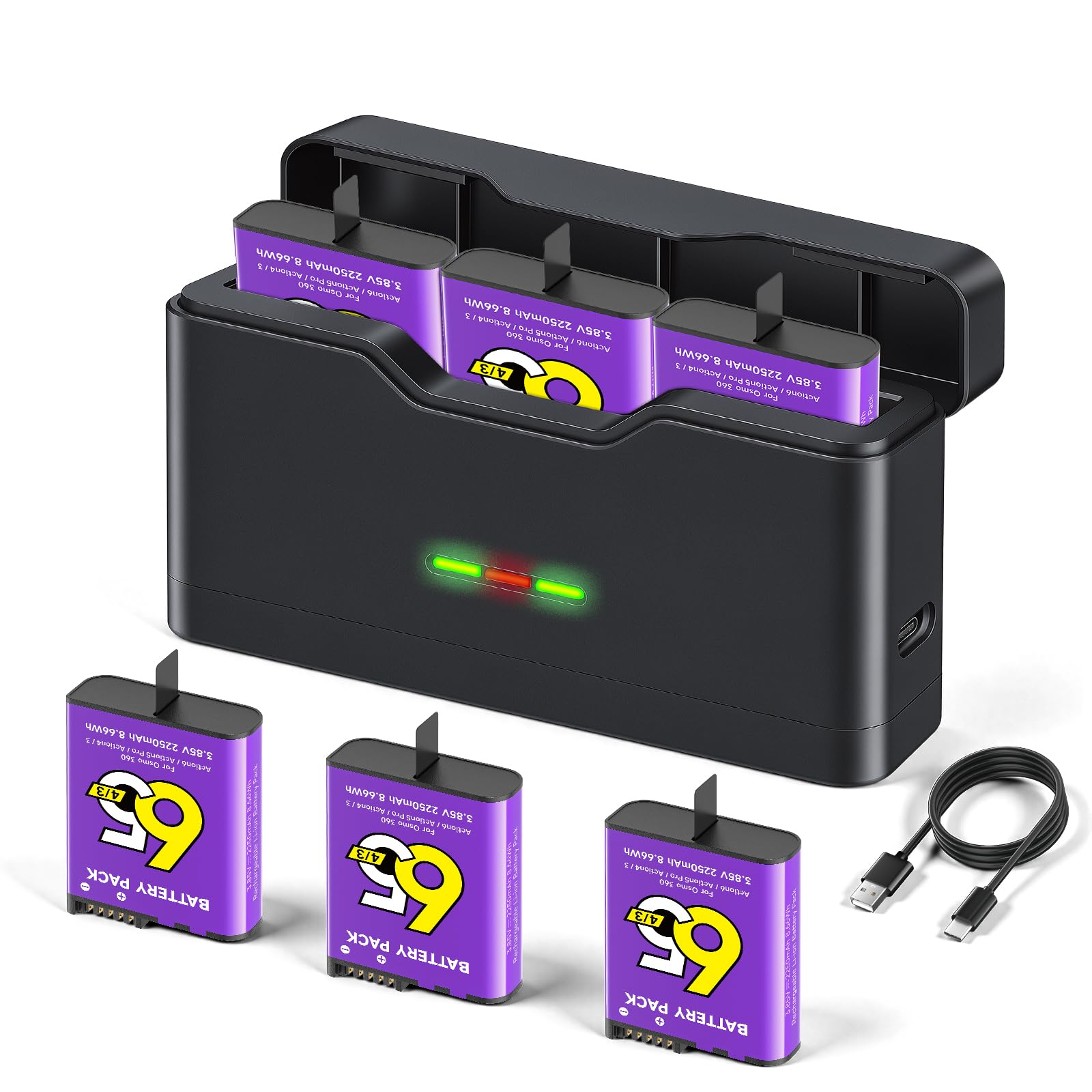 CITYORK 3-Slot Ladegerät und 3PCS 2250mAh Akku Kompatibel mit .DJI-Osmo. Action 6/5 Pro/ 4/3 /Osmo 360, Ersatzakku für DJI-Osmo. Action 6/5/4/3 pro Akku-Ladegerät-Kit Mit LED-Anzeige und USB-Kabel