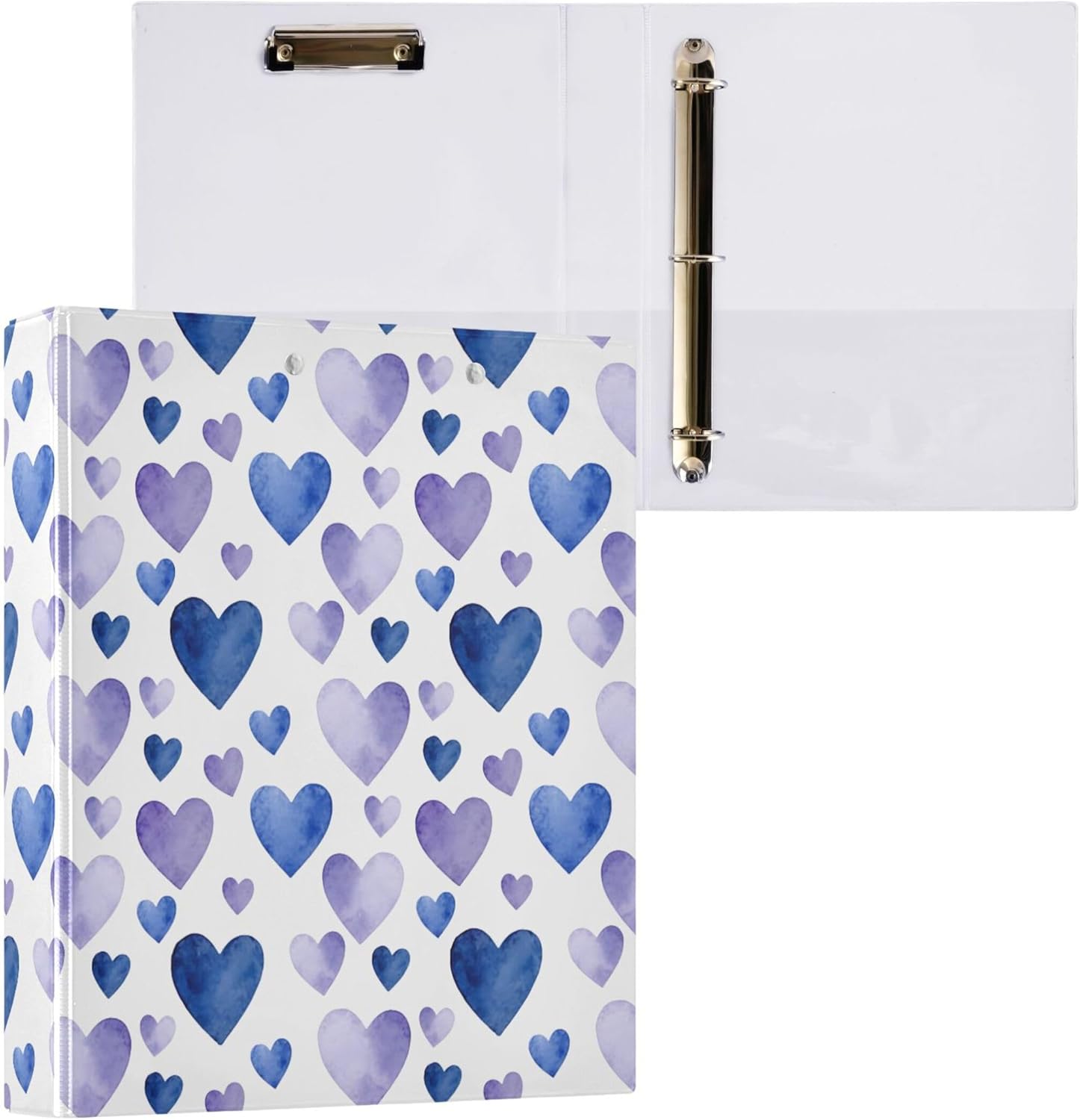 Valentine's Day Blue Heart 3 Ring Binders, 1.5” Round Ring Binders with Clipboard - Letter Size, 3 Interior PVC Clear Pockets & Anti-Slip Clip for Office School Supplies, 2PCS
