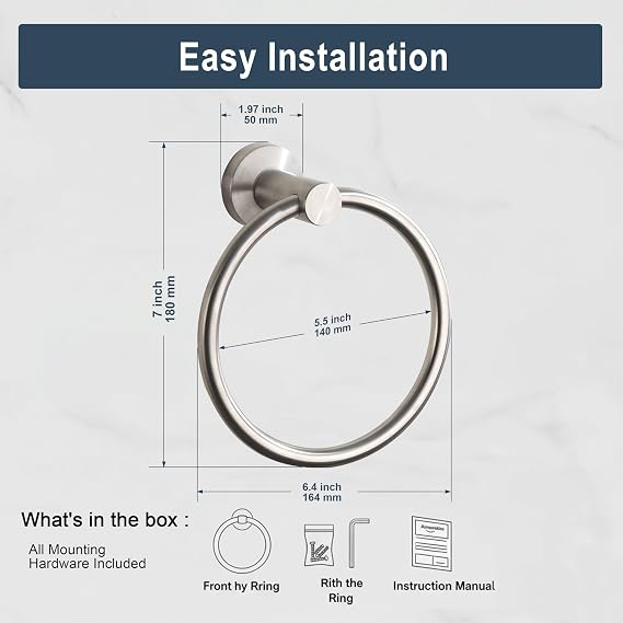 Towel Ring Brushed Nickel, Bath Hand Towel Ring Stainless Steel Round Towel Holder for Bathroom