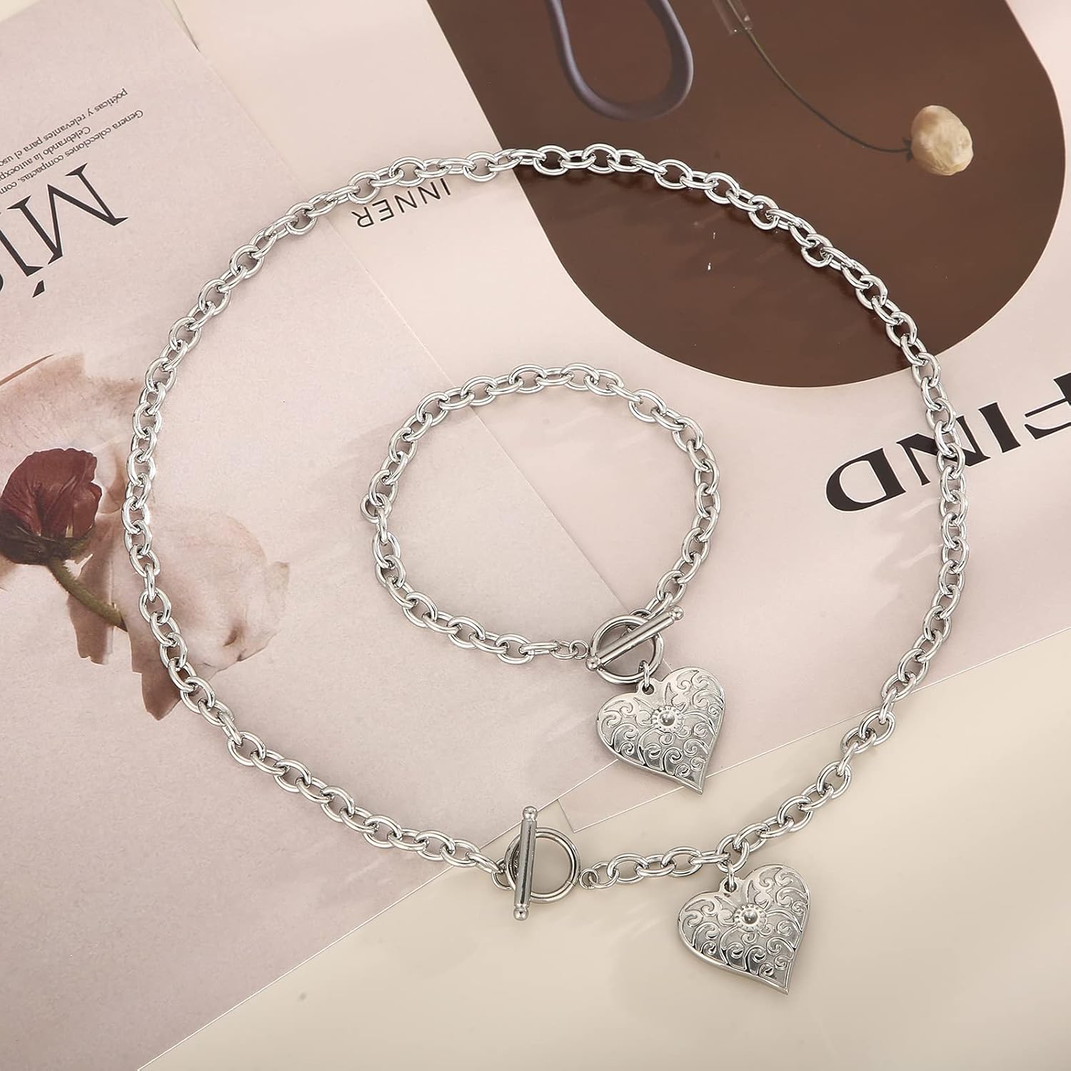 Heart Charm Bracelet Toggle Closure Link Chain Jewelry Stainless Steel Dainty Gift For Mother Women - Image 4