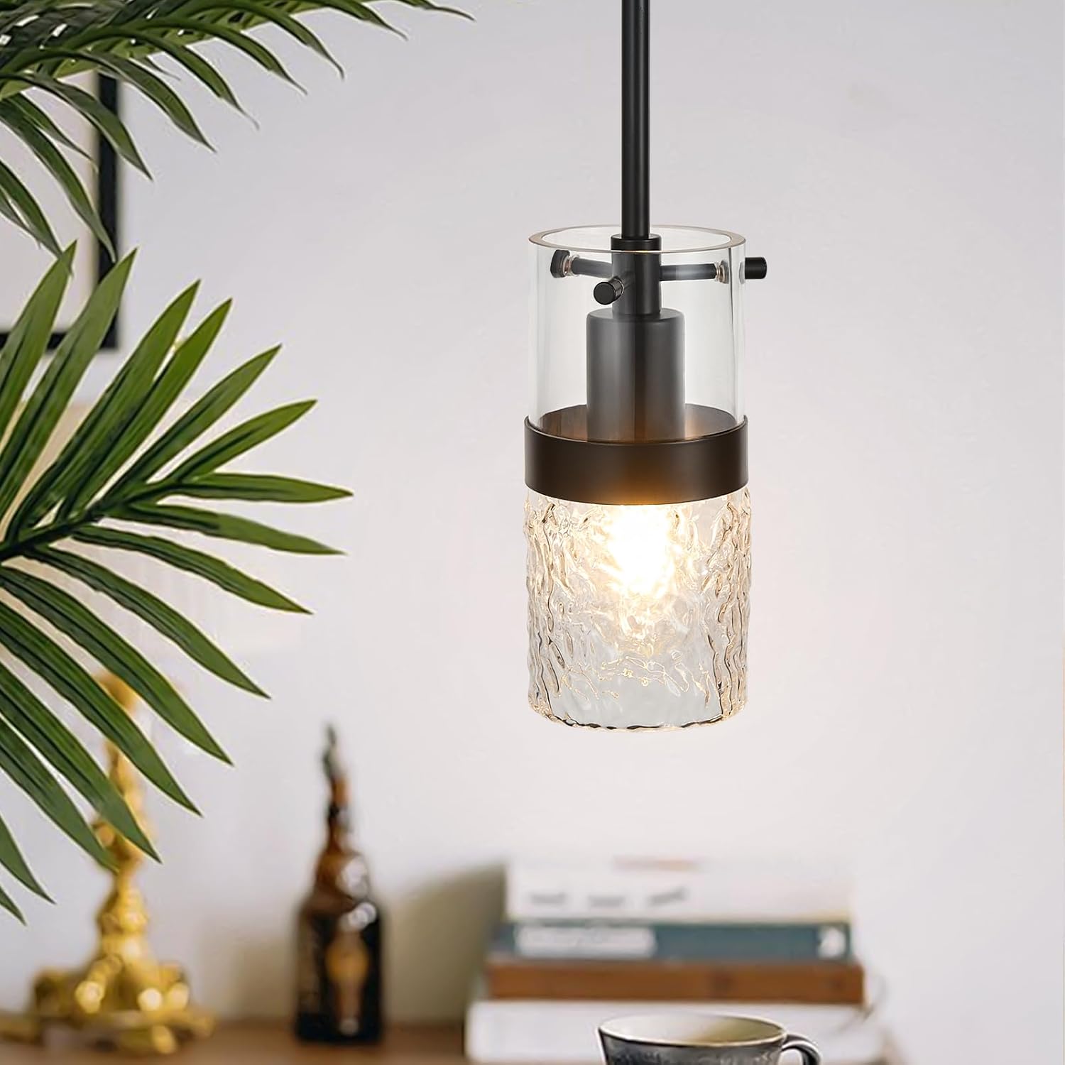 Modern Black Pendant Light Adjustable Hanging Lighting Transparent Hammer Glass Chandelier for Kitchen Island Dining Room Bathroom Bedroom (1Pack)