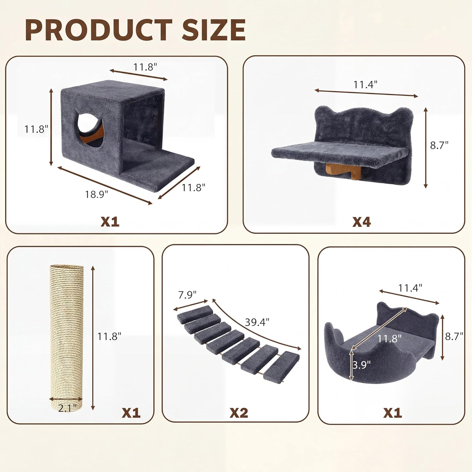 Cat Wall Shelves, Wall Mounted Cat Shelf Furniture with Plush Fabric (9 Piece Set), Cats Furniture with Condos, House, Steps, Bridge Ladder, Scratching Post, Grey