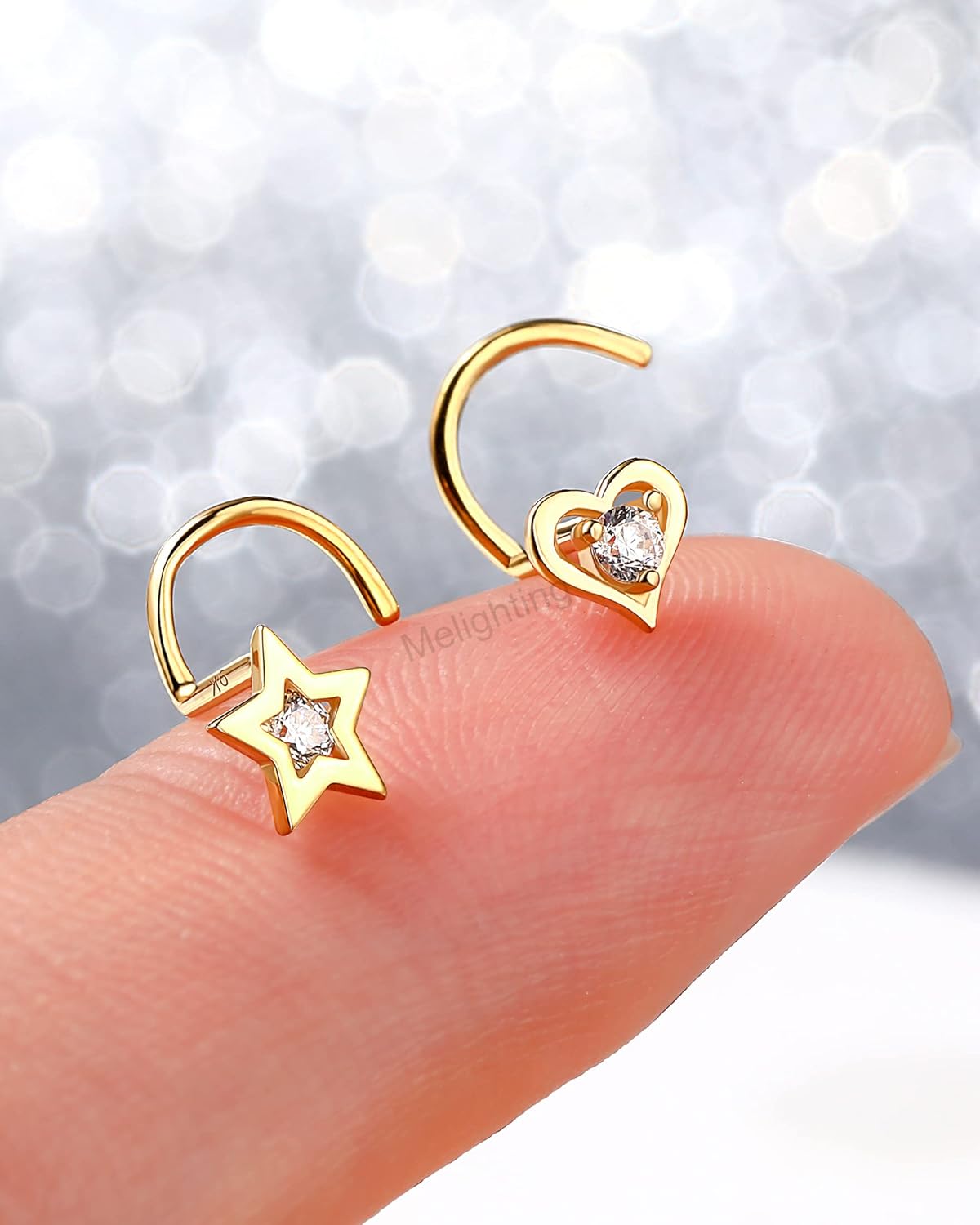 MeIighting 14K Solid Gold Heart Nose Rings - 20G Star Nose Piercing Jewelry for Women with Clear CZ Stones - Image 2