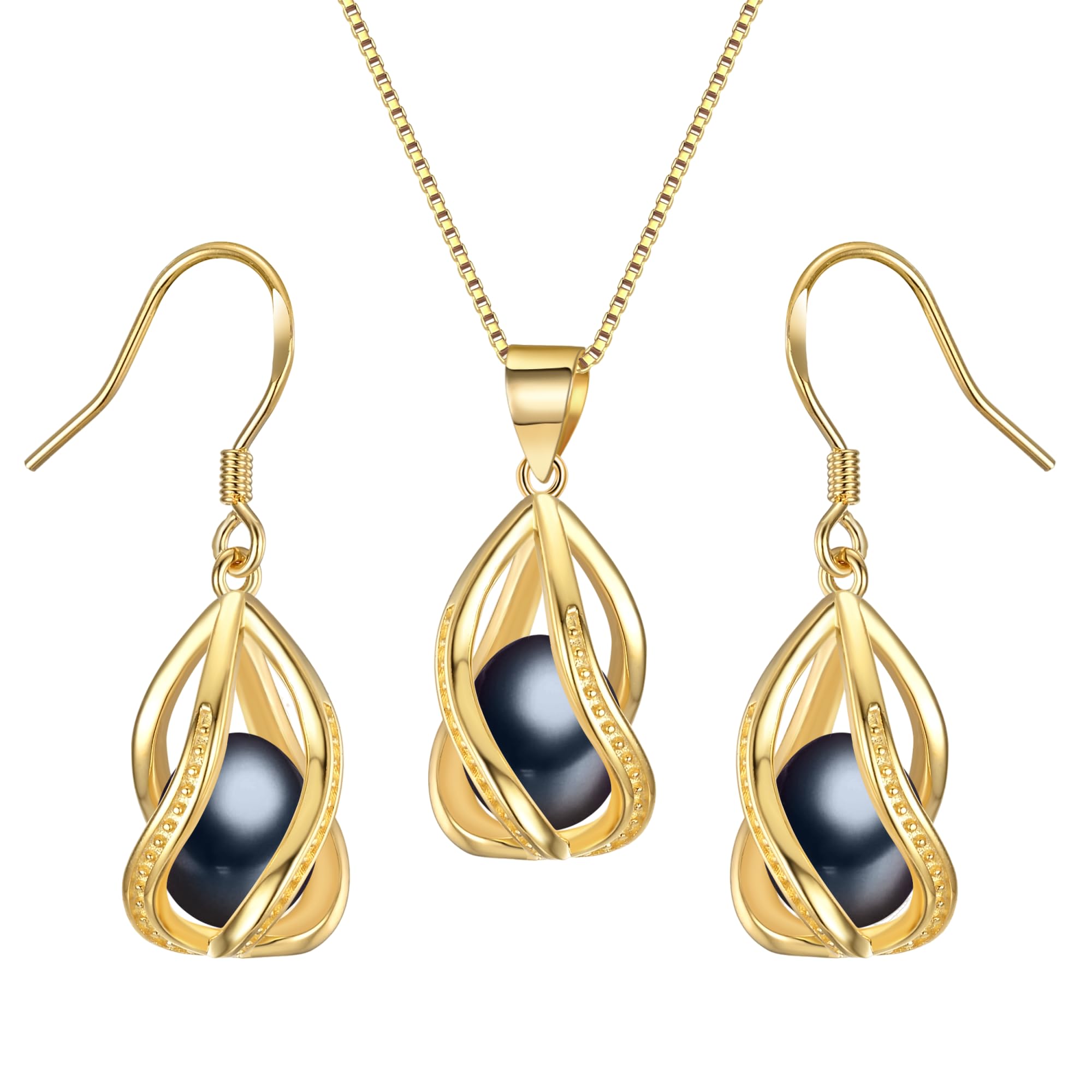 HENGSHENGNatural Pearl Jewelry Set For Women 925 Sterling Silver & Gold Plated Necklace Pearl Pendant & Pearl Earrings Freshwater Pearl Drop Jewelry Set for Wedding Prom Gift
