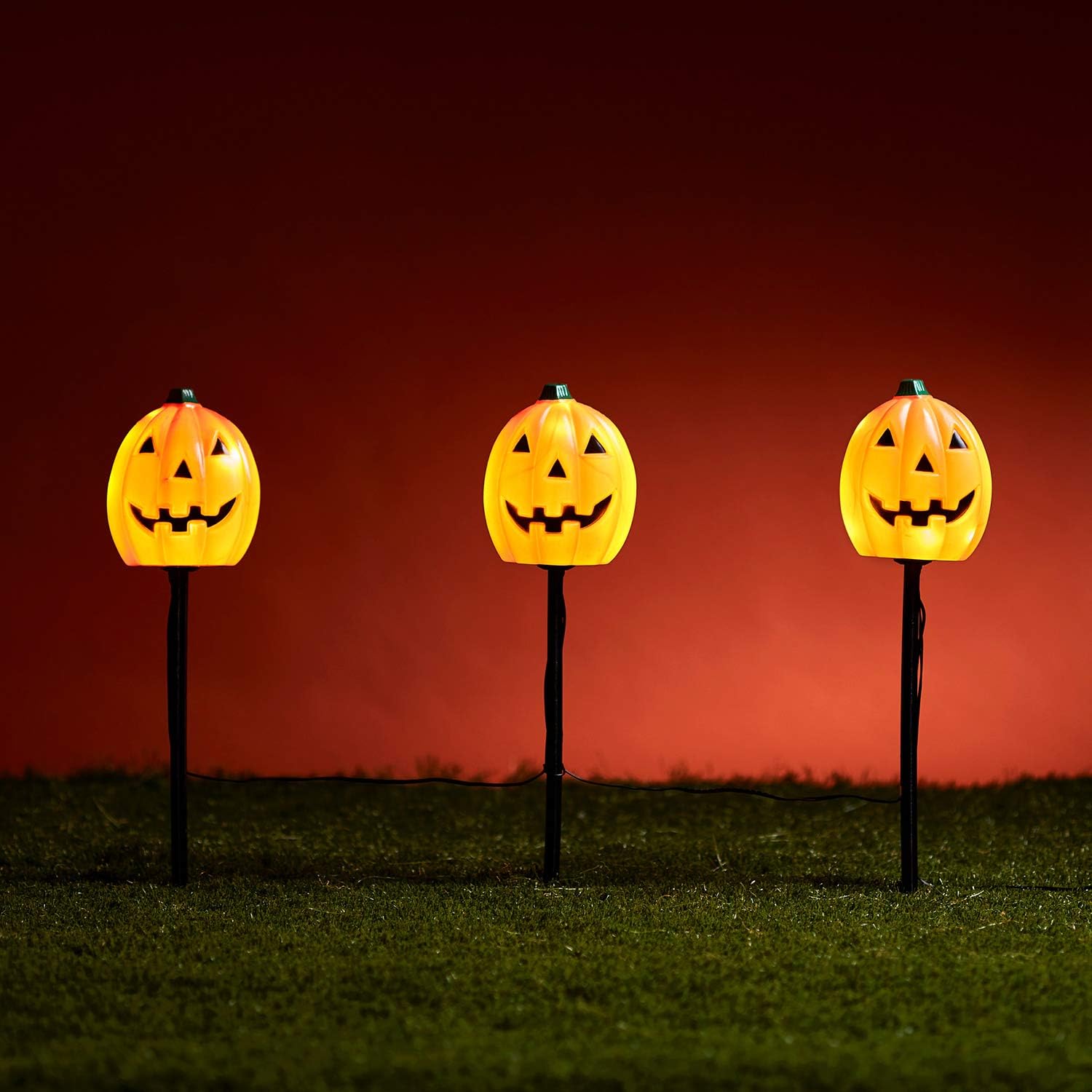 Lights4fun, Inc. Set of 3 Pumpkin Halloween LED Outdoor Garden Stake Lights