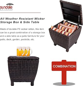 Sundale Brown Wicker Storage Box, 13 Gallon Outdoor Deck Bin with Lid | fully assembled; rattan wicker design doubles as side table; stores hose, cushions and towels for patio, deck