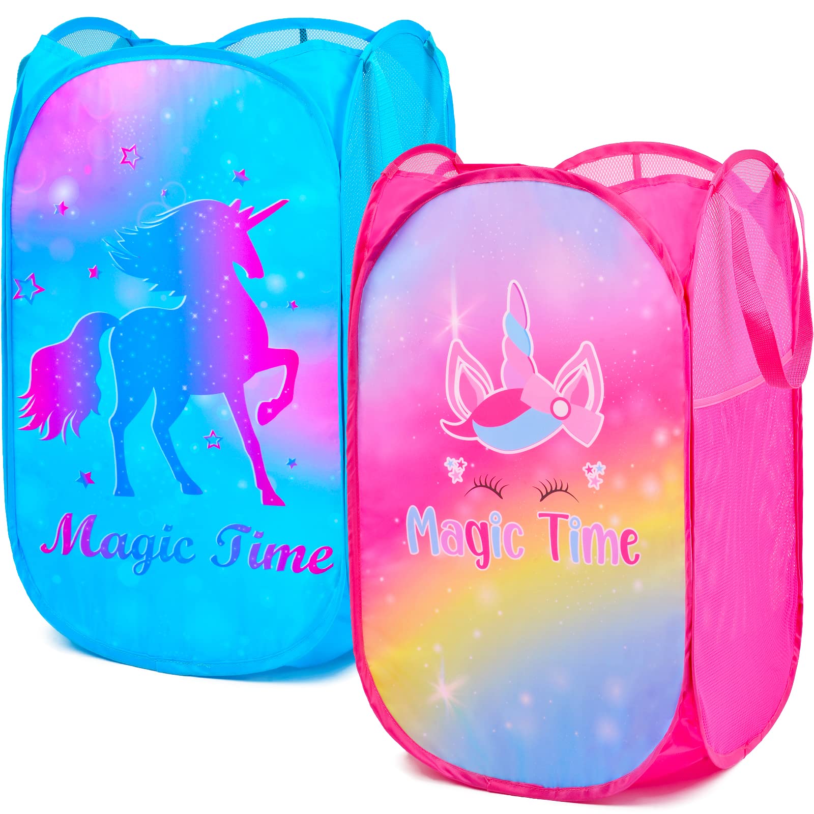 Pop Up Laundry Hamper, 2 Pack Foldable Kids Pop-up Mesh Hamper with Durable Handles, Protable Laundry Basket for Kids Room (Unicorn)