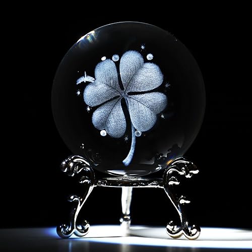 HDCRYSTALGIFTS Bola de cristal de trébol de cuatro hojas de 2.4 pulgadas con soporte de floración chapado en plata, bola de vidrio Fengshui para