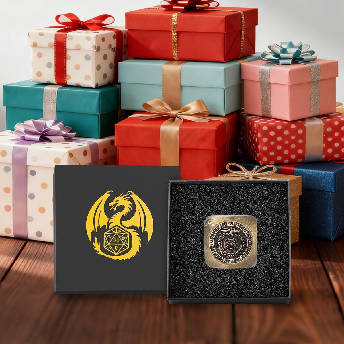 DND Fingertip Dice Spinner, Polyhedral Rotating Game Dice, Metal Dice Set with 3D Pattern for DND Gifts with Dragon Logo Gift Box, Role Playing Board Game Accessories, Bronze