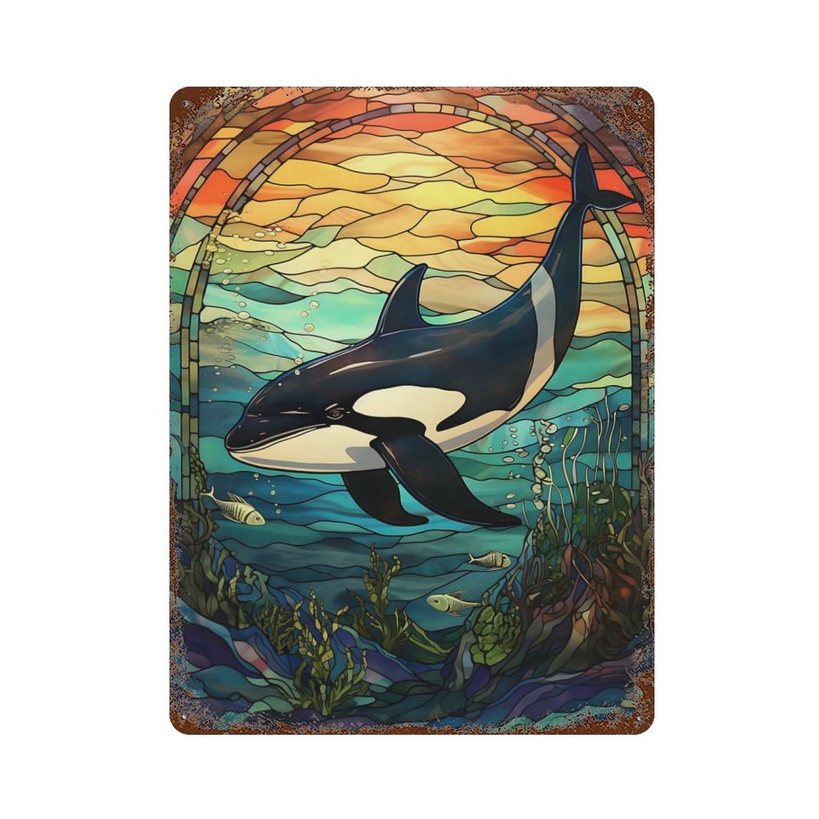 Killer Whale Stained Glass Retro Metal Sign 15.7"x11.8", for Pub, Kitchen And Man Cave Decor, Industrial Home Decor