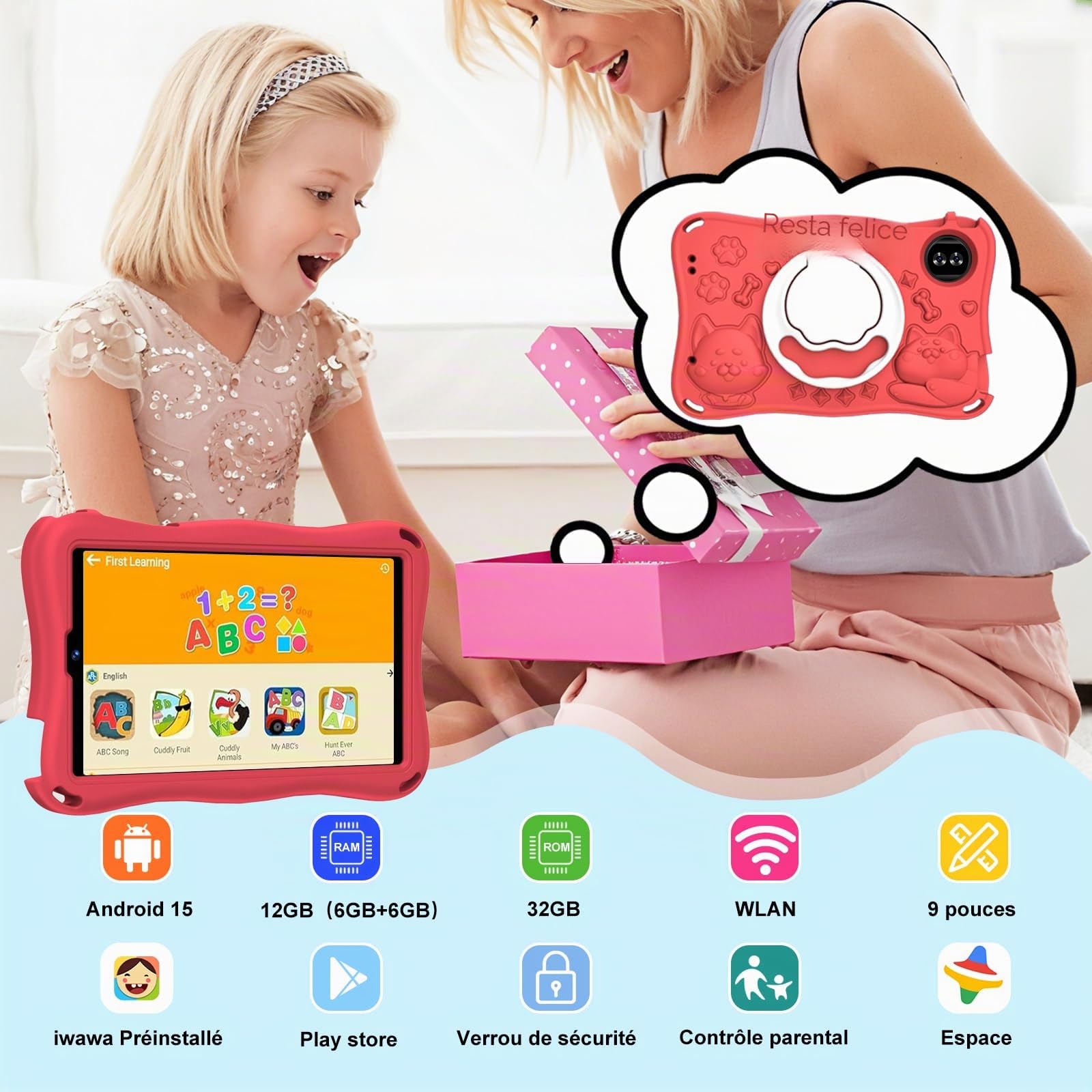 S11 Tablet per bambini 9 pollici Android 15 con 12 GB di RAM + TF 1 TB, 5G WiFi, Widevine L1, Octa-Core, 5000 mAh, controllo genitoriale, 1340 x 800, BT 5.0, per bambini con custodia Eva -Red