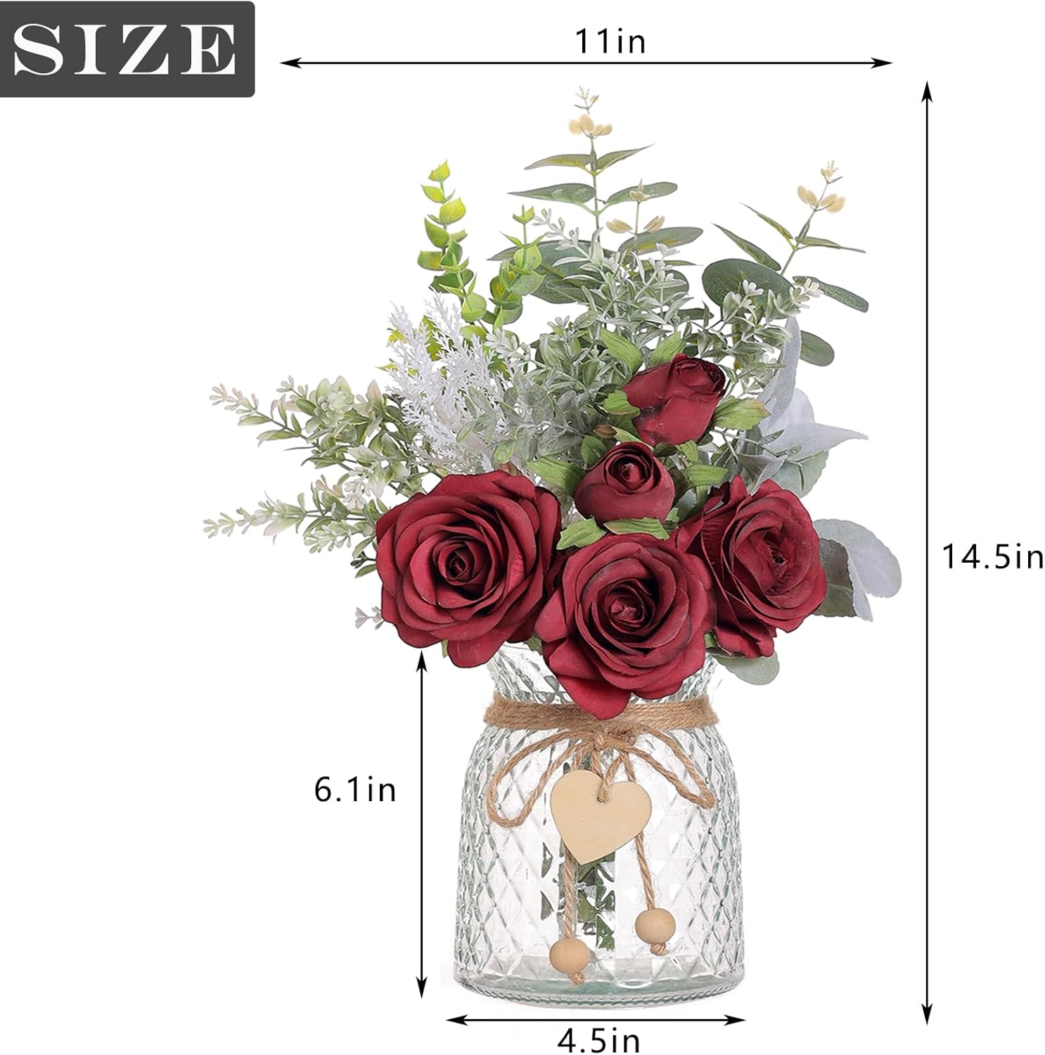 Faux Flowers with Vase,Artificial Silk Roses in Vase, Fake Plant Eucalyptus Flower Arrangement for Home Office Farmhouse Bathroom Dining Table Centerpiece Decorations Coffee Table Decor (Burgundy) - Image 6